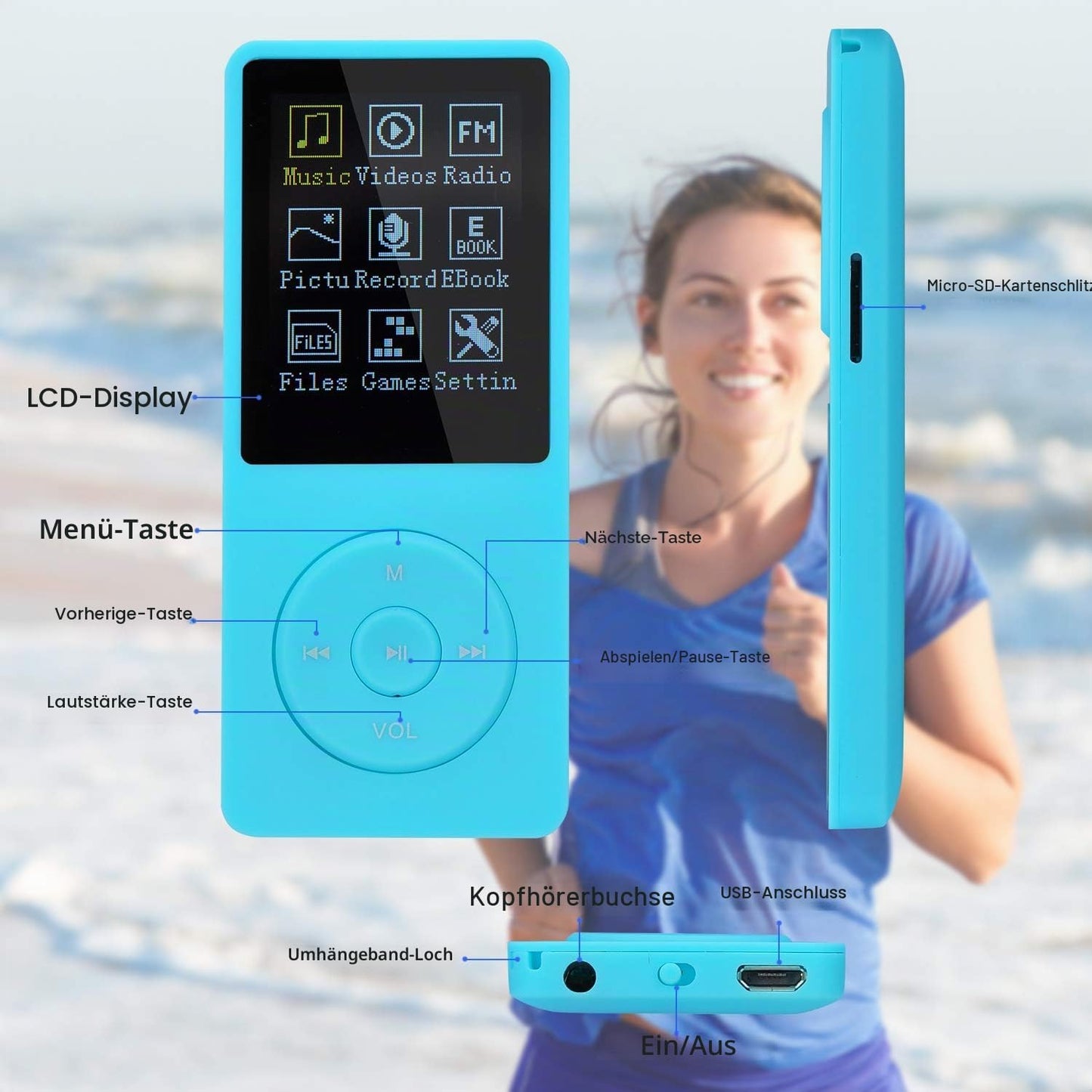 Tragbarer MP3-Player, 8G, Hellblau
