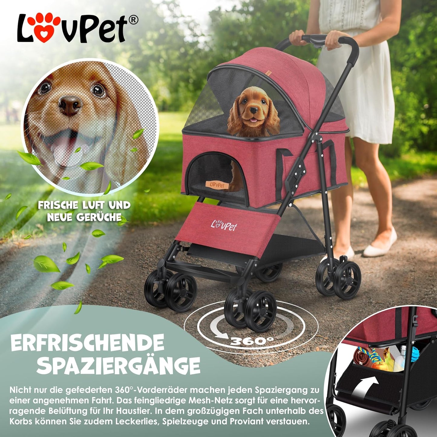 2in1 Hundebuggy und Transporttasche, faltbar, mit Getränkehalter, Regenschutzabdeckung, Rot