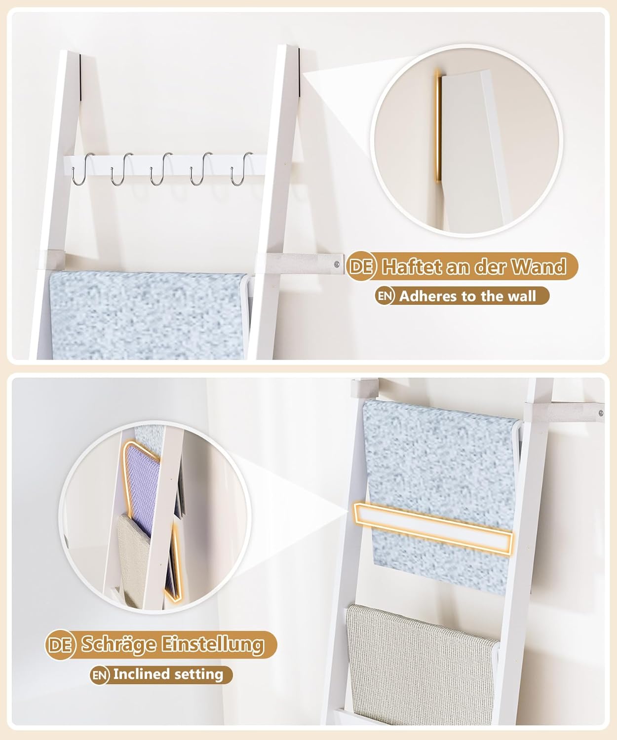 Handtuchleiter mit Sicherheitsriemen und Haken, Weiss