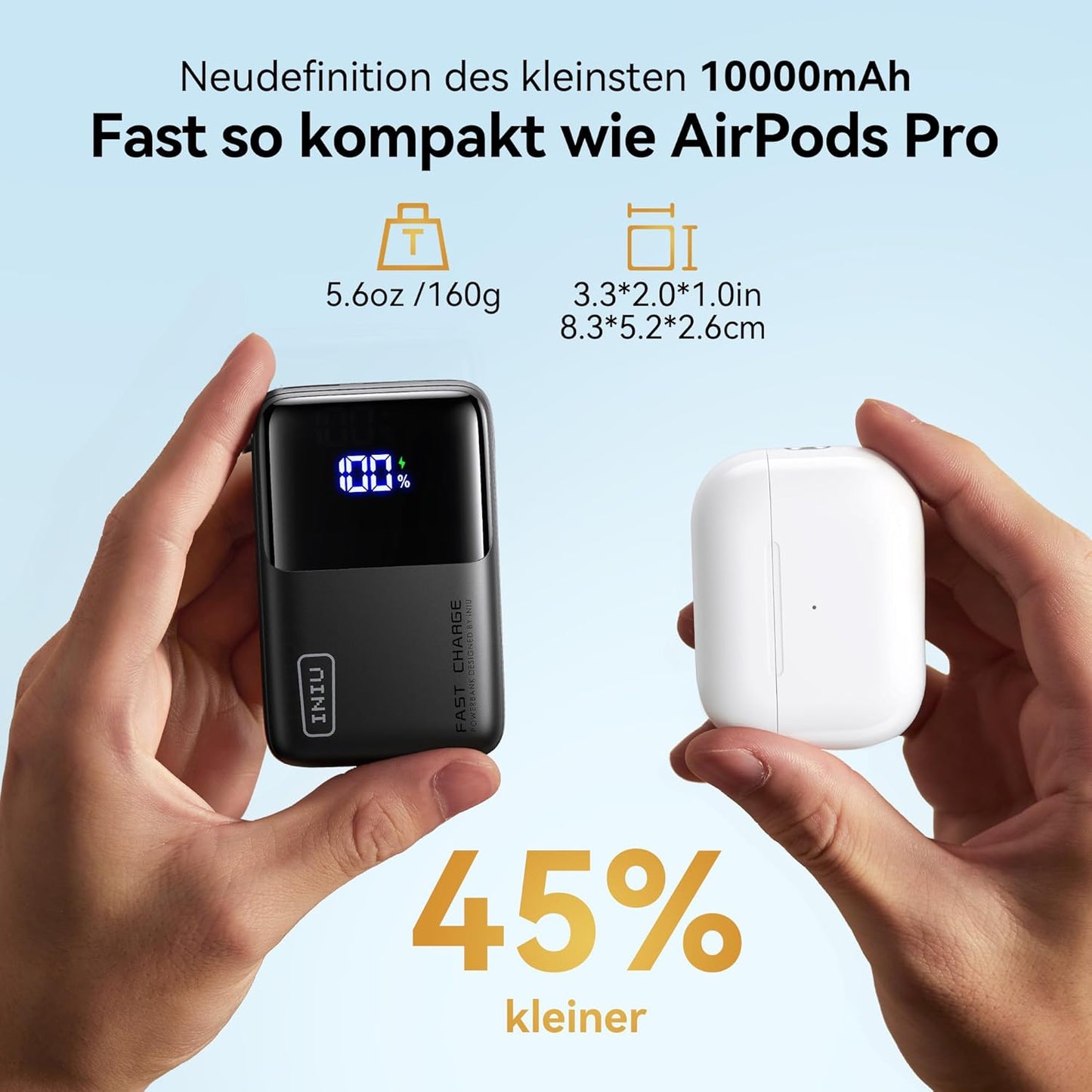Mini Power Bank mit Schnellladefunktion, Schwarz
