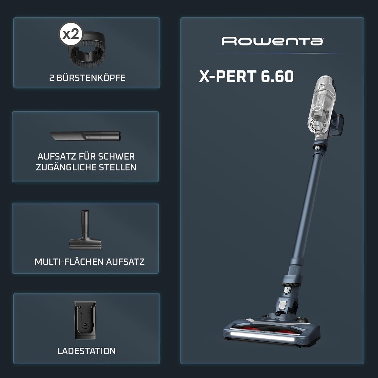 Akkustaubsauger RH6836EO X-Pert 6.60 mit LED-Bürstenkopf, Grau/Silber