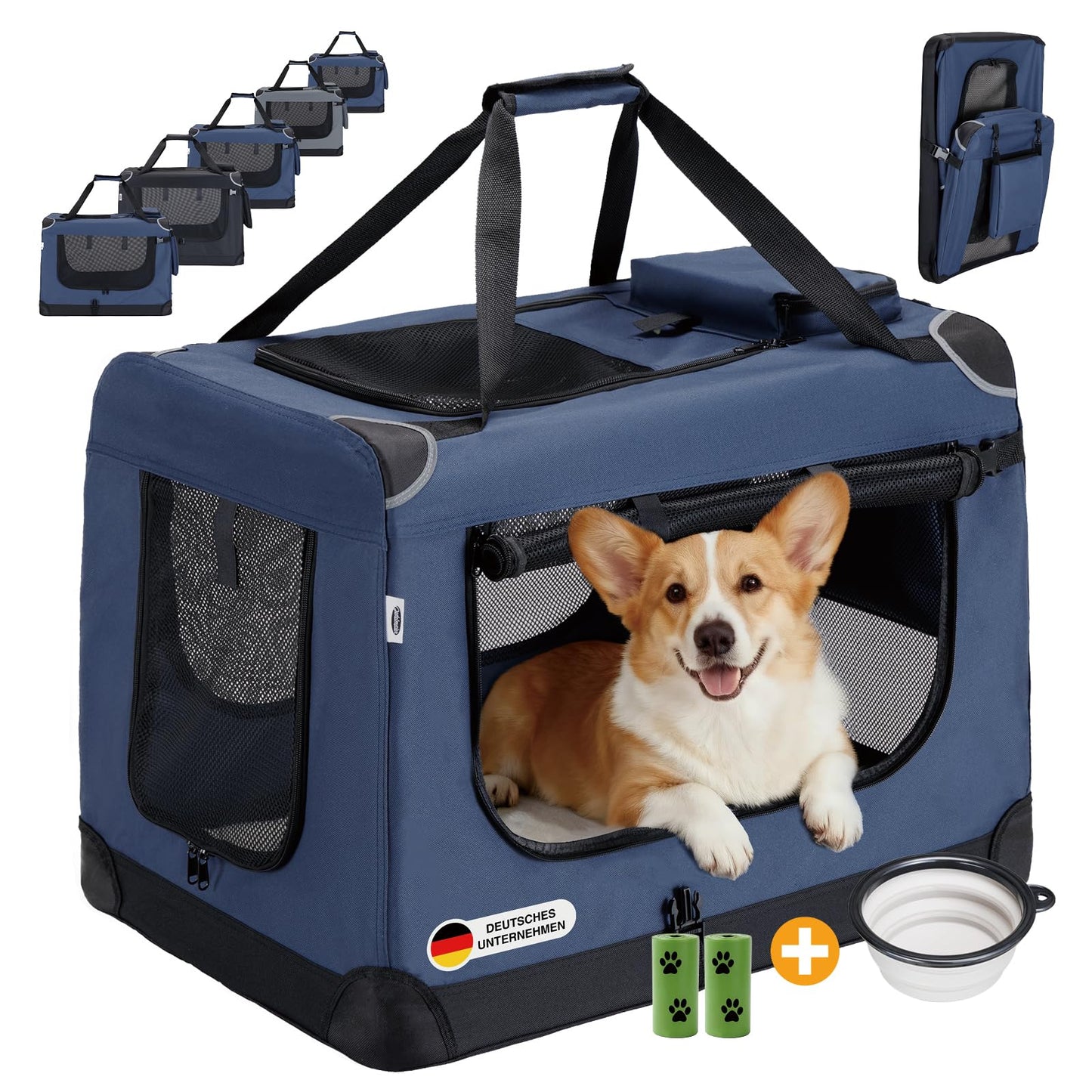 Faltbare Hundetransportbox mit Napf und Kotbeutel, M Dunkelblau