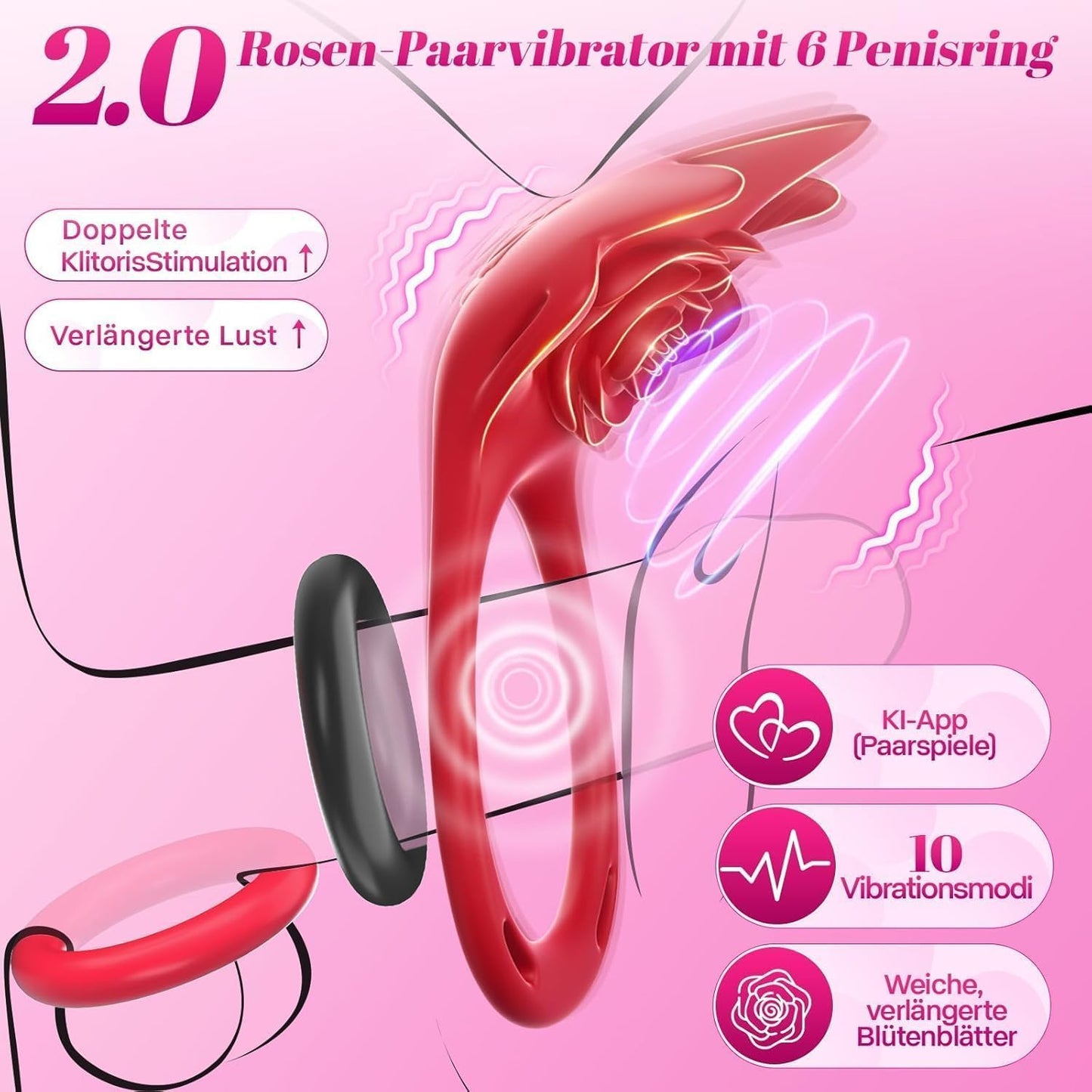 Vibrator mit Penisring und Erotikspiele-App, Burgunderrot, Extragrösse 2