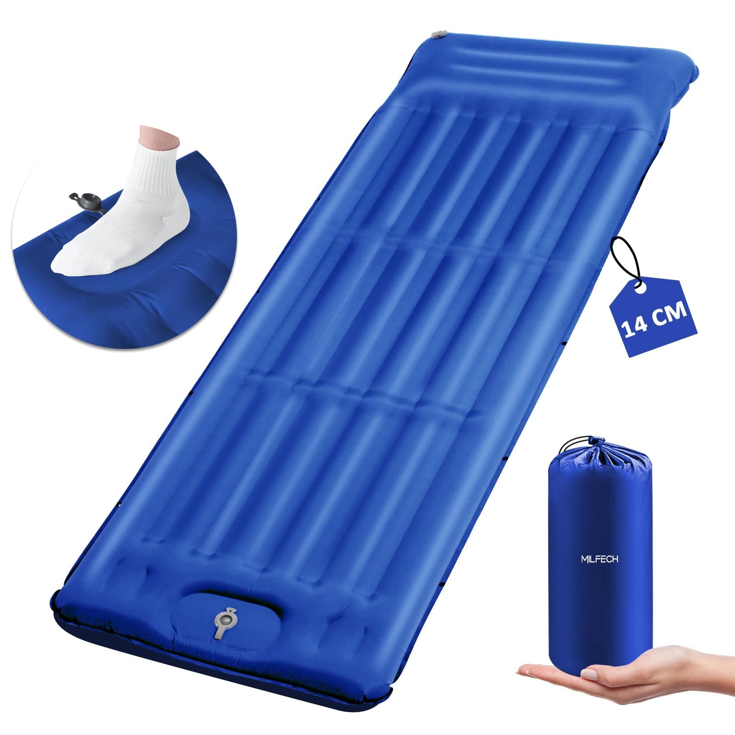 Aufblasbare Isomatte mit Fusspumpe & Kissen, Blau
