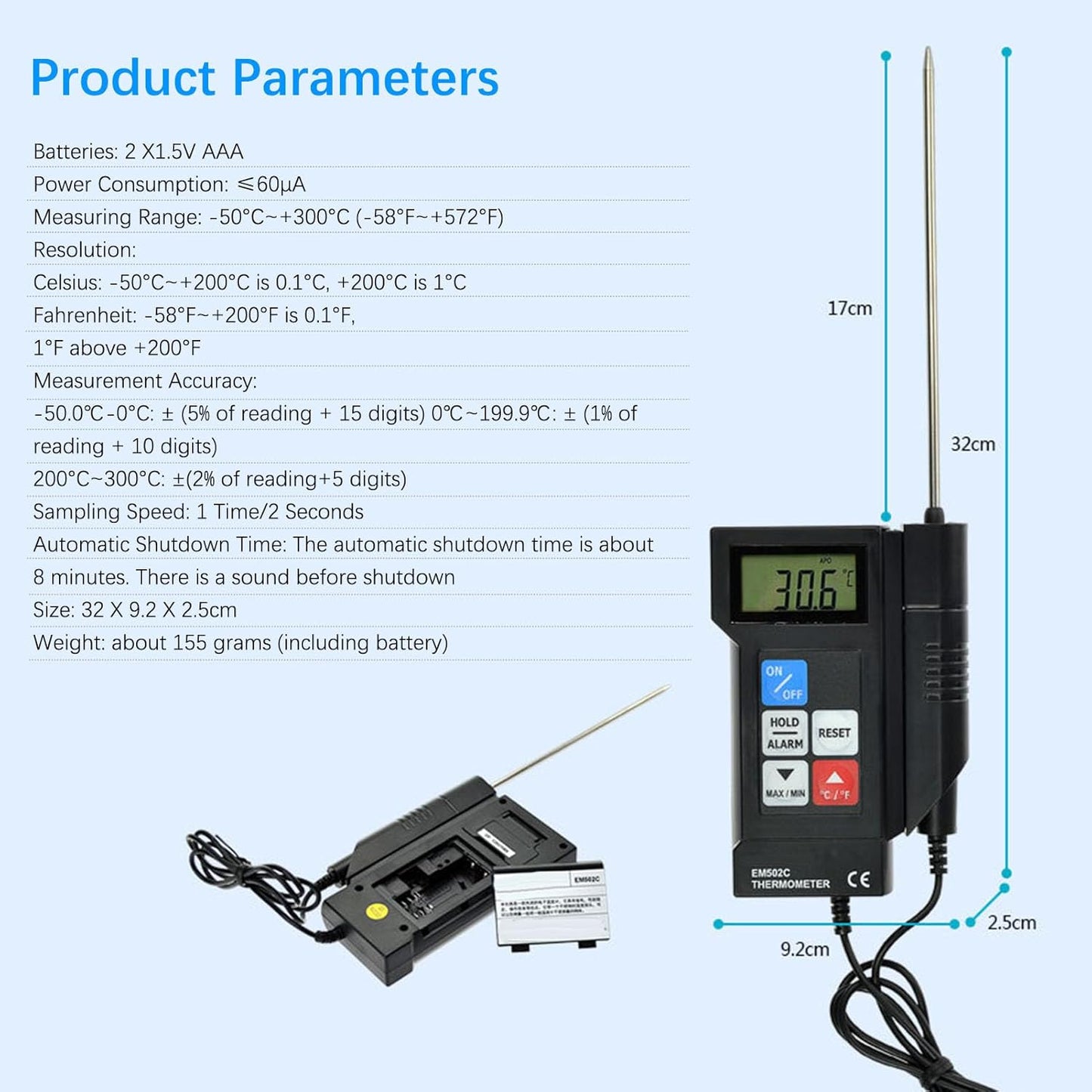 Digitales Hochpräzisions-Thermometer EM502C mit Fühler