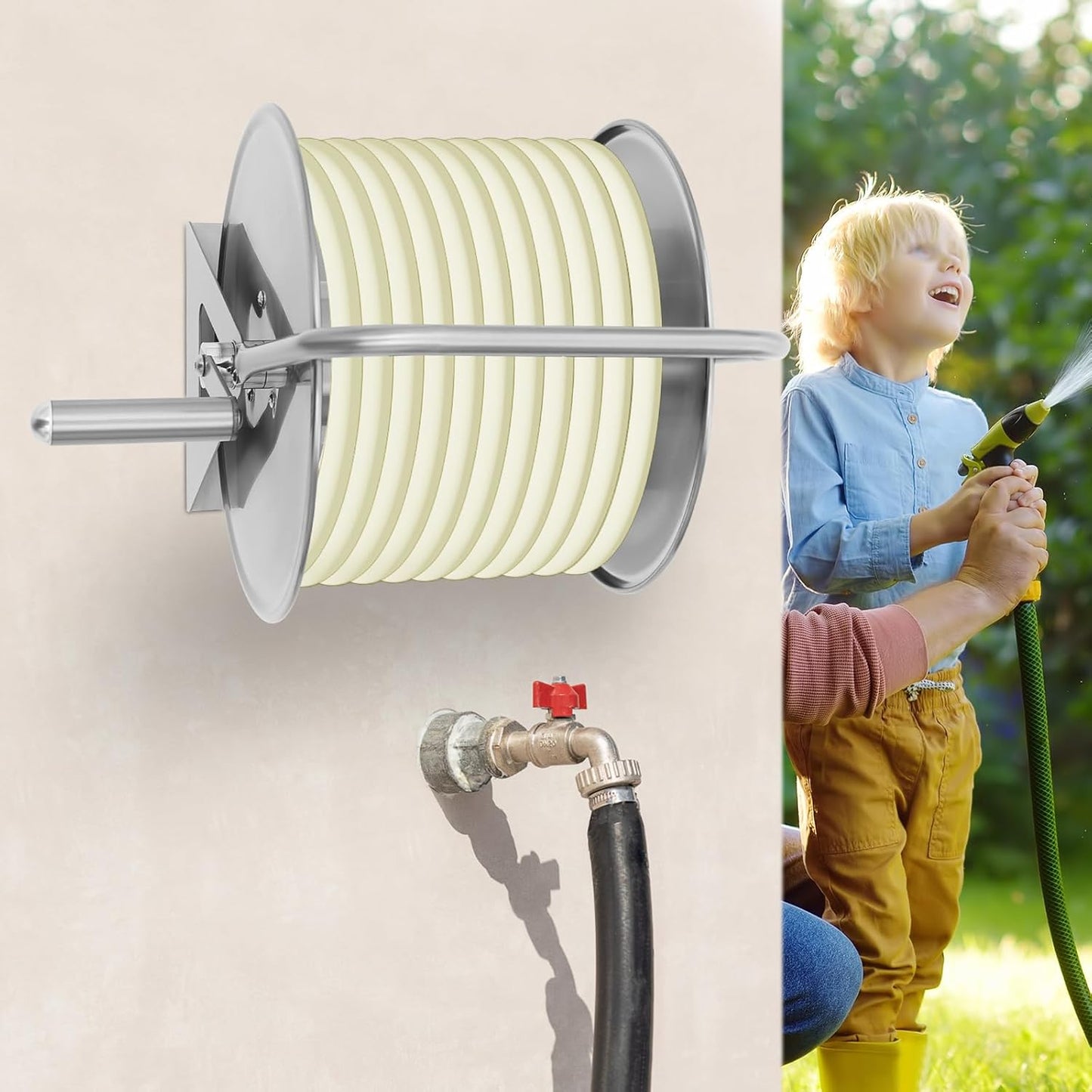 Schlauchtrommel Edelstahl 40m mit Griff & Aufroller