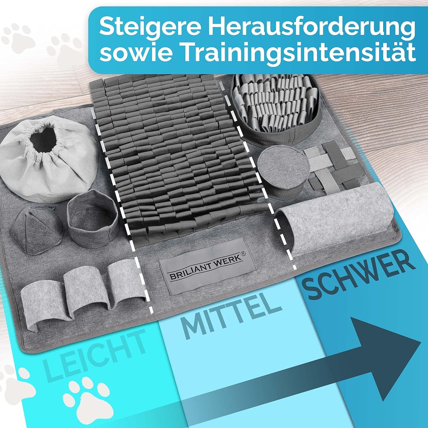 Schnüffelteppich mit 10 Trainingselementen und 3 Schwierigkeitsstufen, gross Grau