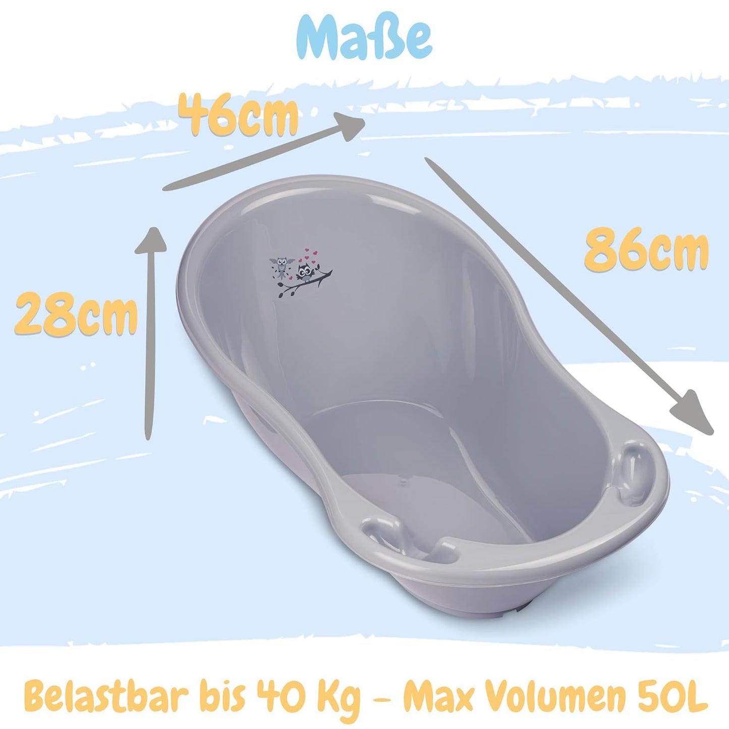 Babybadewanne mit Stöpsel, BPA-frei, 86 cm, Eule Grau 1 - Set