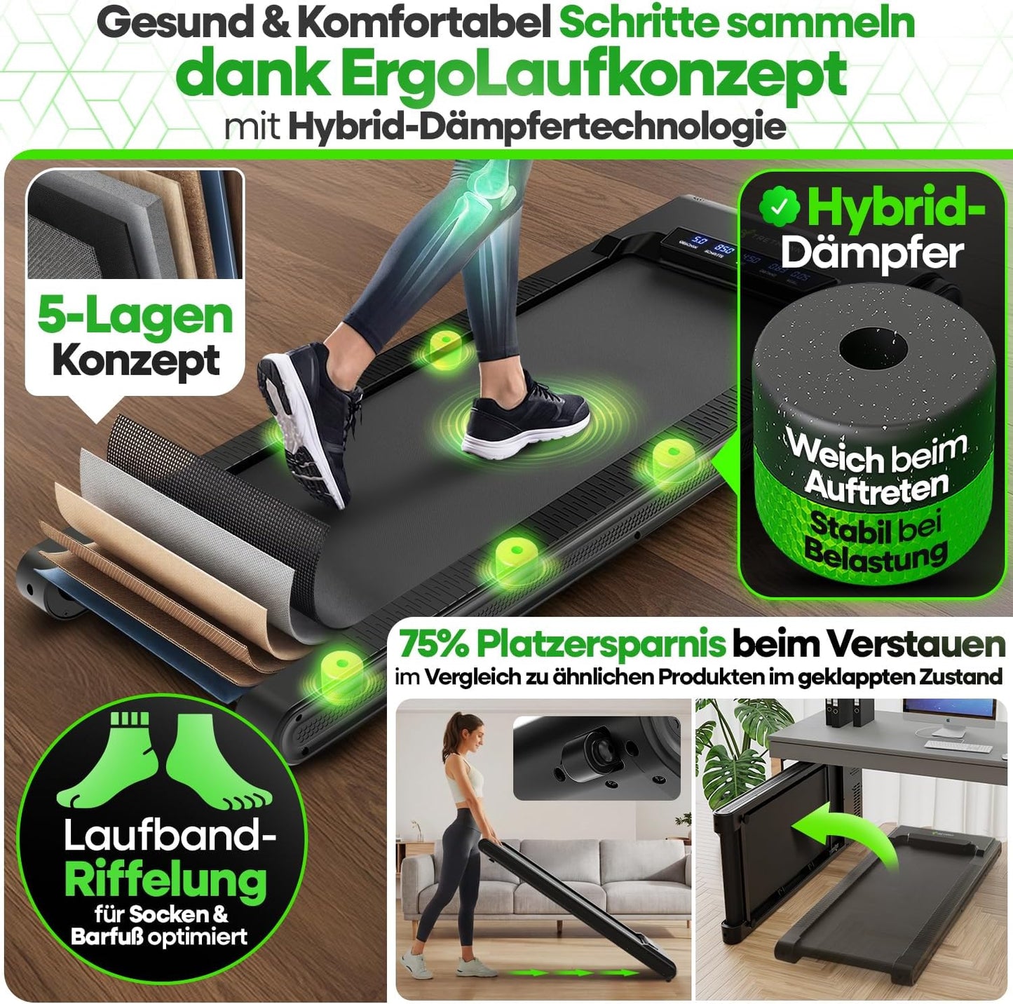 Walking Pad mit Steigung und App-Steuerung, Schwarz