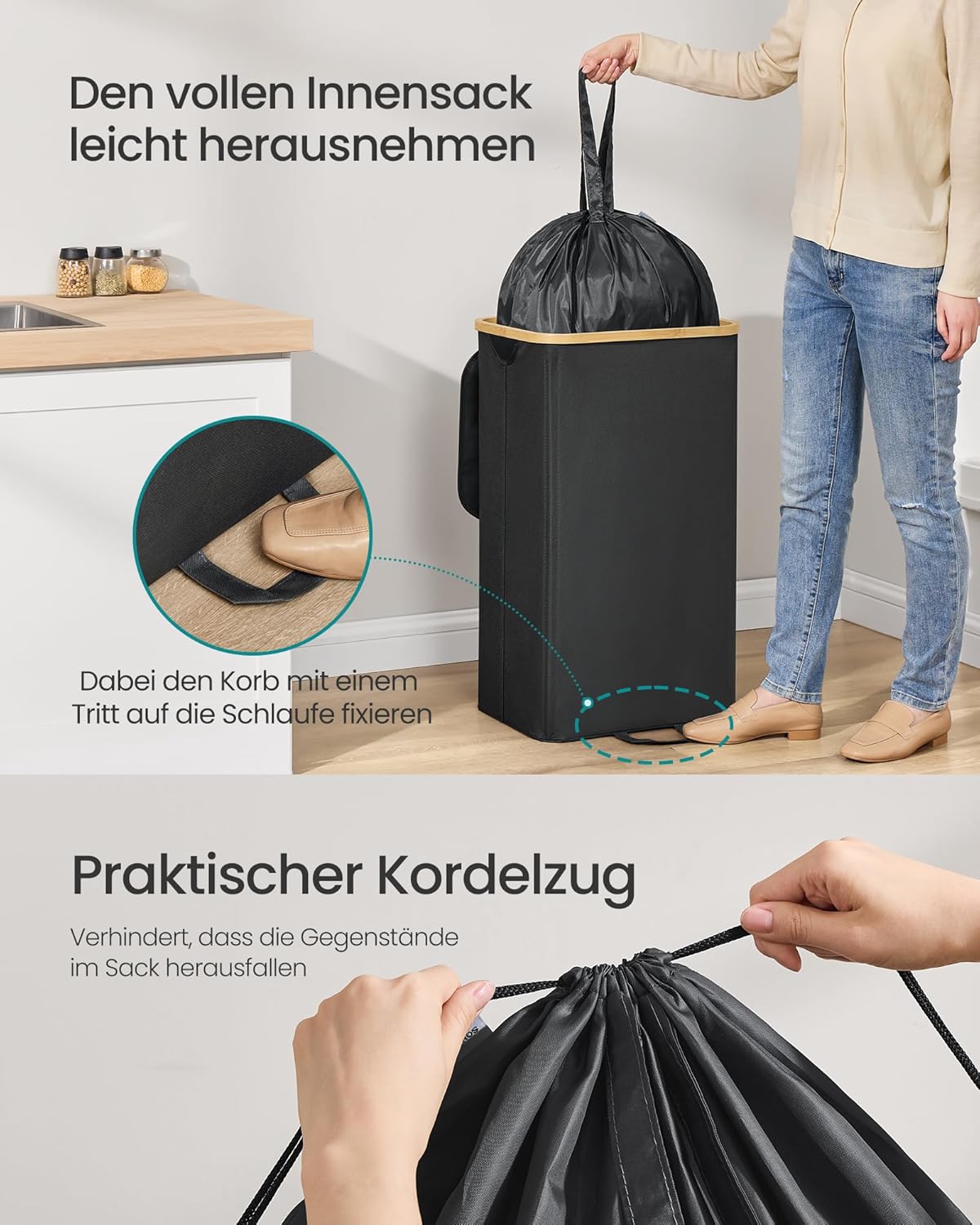 Flaschen-Sammelbehälter 95 L mit Innensack, Tintenschwarz + Naturbeige 95 L