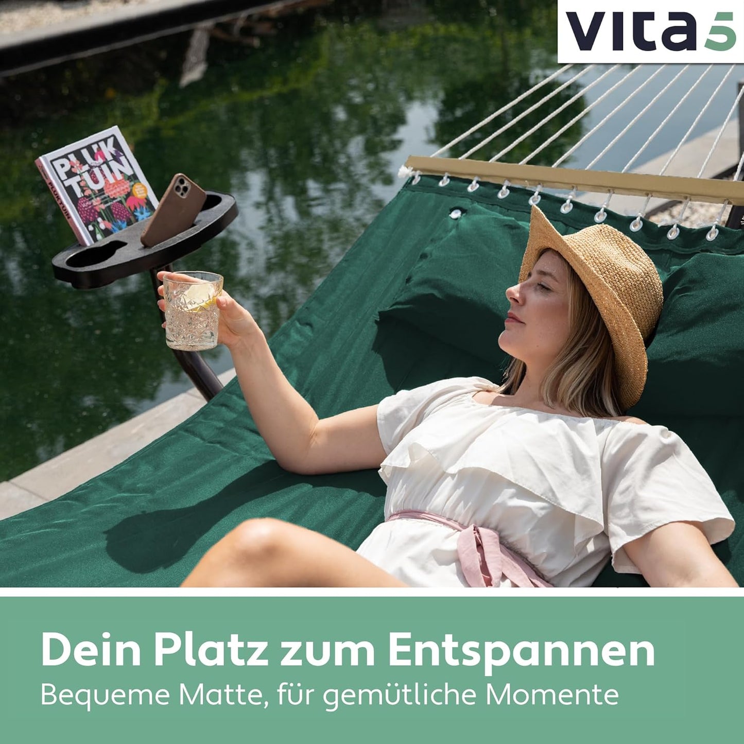 Hängematte mit Gestell und Ablage, Grün mit Tisch