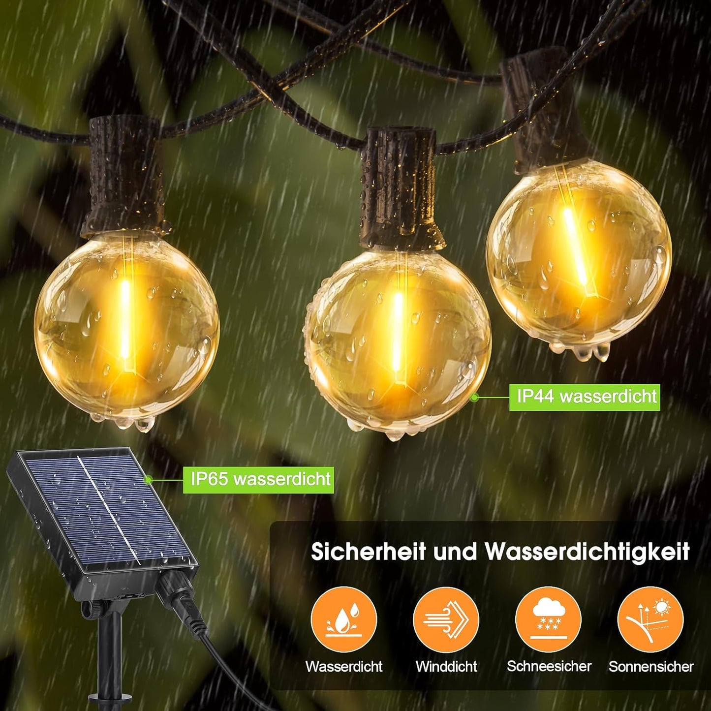 Solar Lichterkette mit Fernbedienung und G40 Glühbirnen, 15M Solar