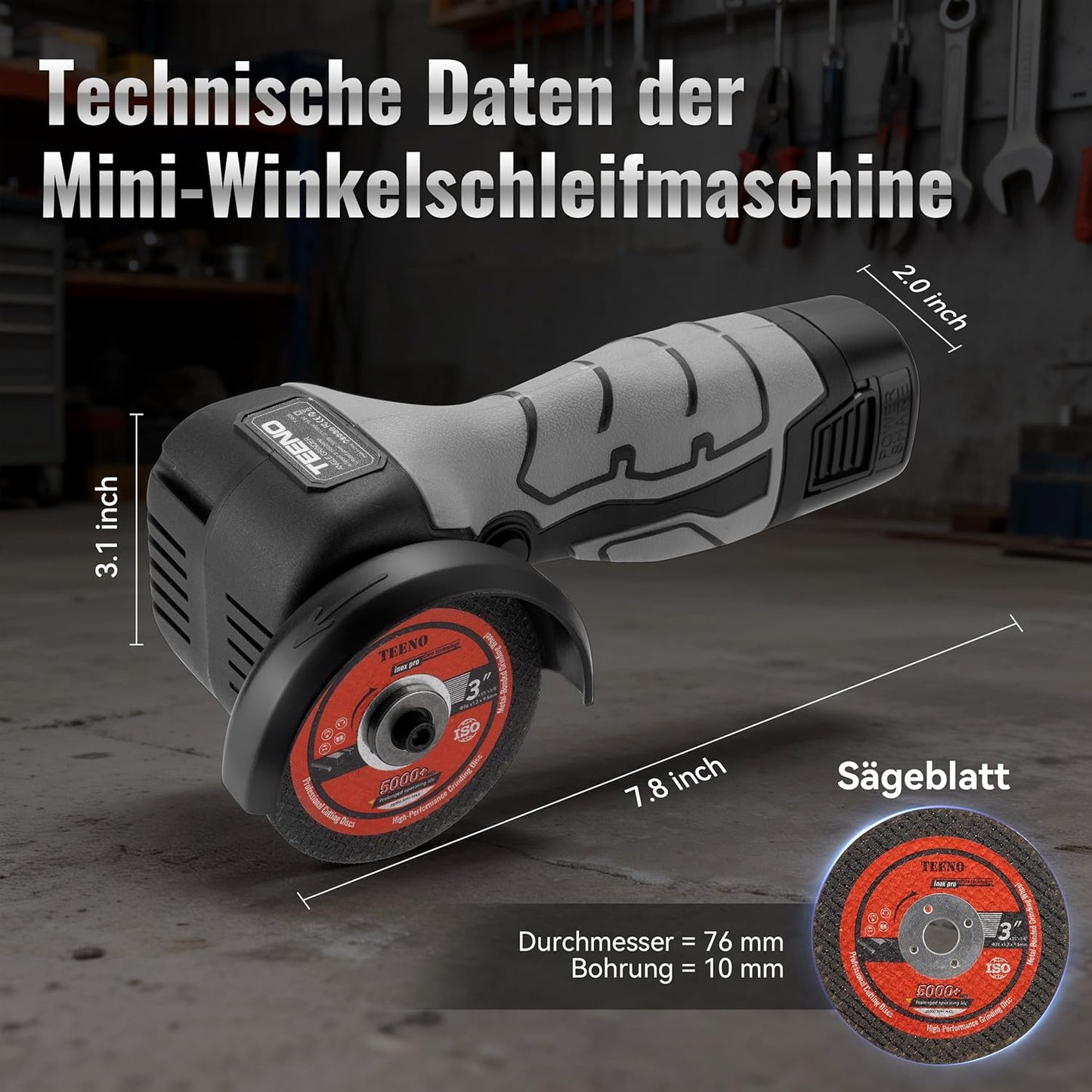 Kabelloser Winkelschleifer T-3608 mit 2 Akkus und 6 Scheiben, Grauer Winkelschleifer