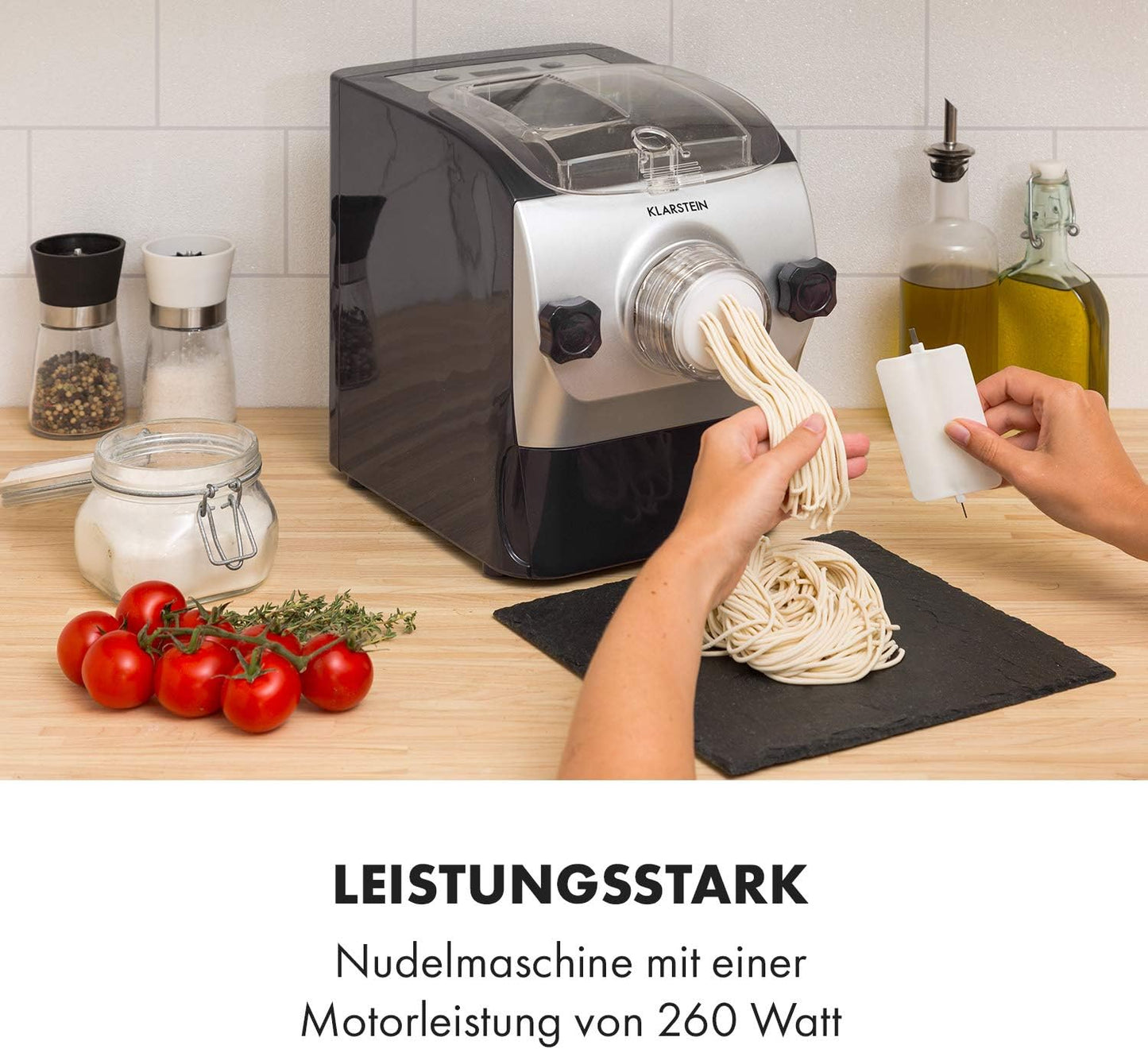 Pastamania - Elektrische Nudelmaschine mit 7 Aufsätzen, Schwarz