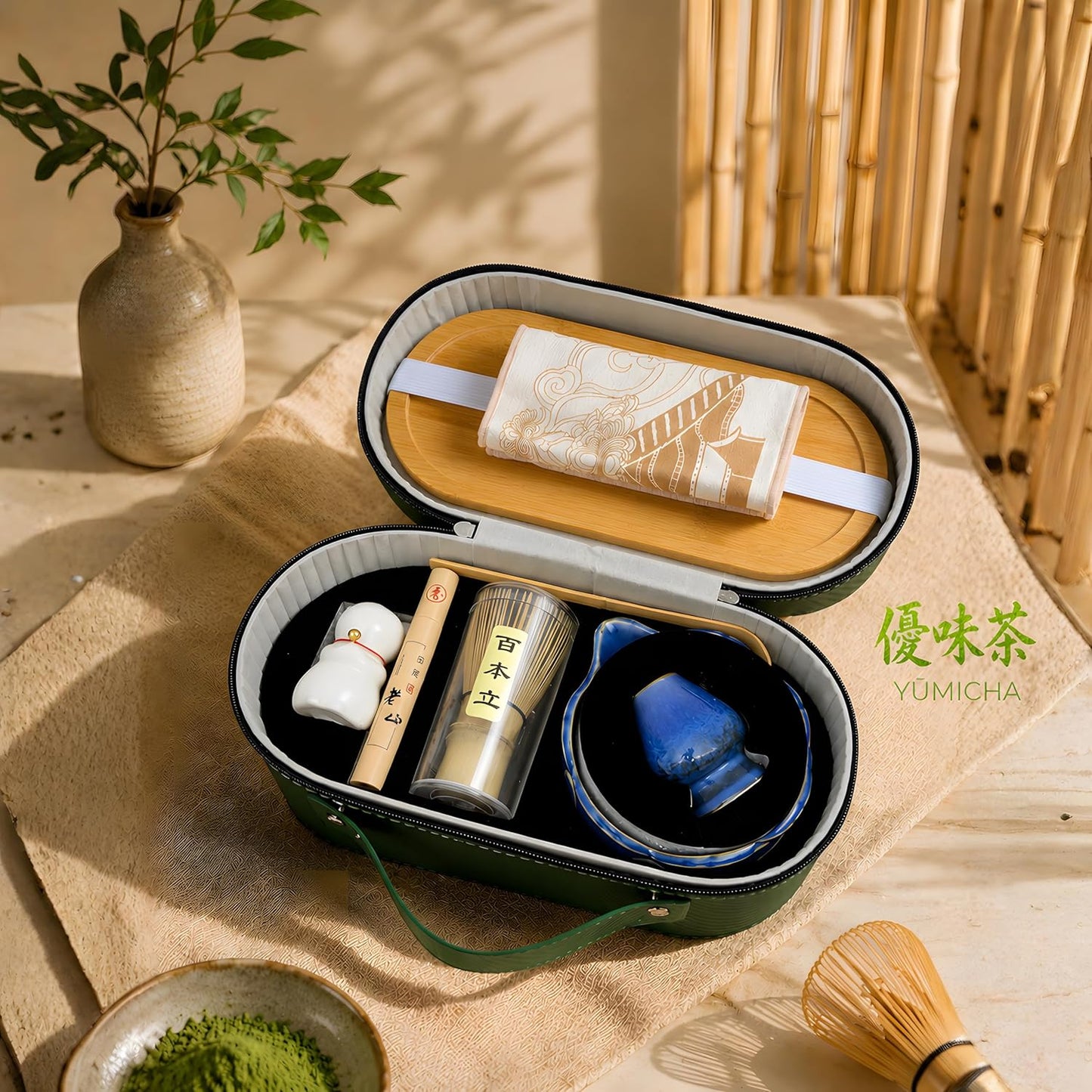 10-teiliges Matcha-Set, Tasche Grün/Service Blau 10