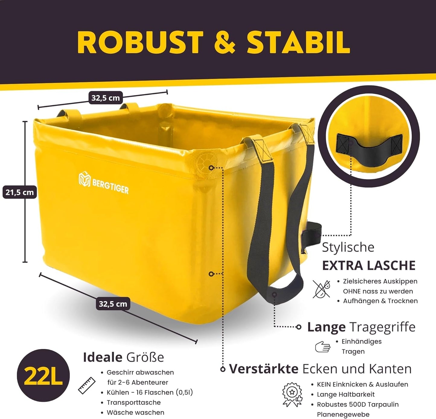 Faltschüssel Camping, Sonnengelb / Schwarz - 22 Liter
