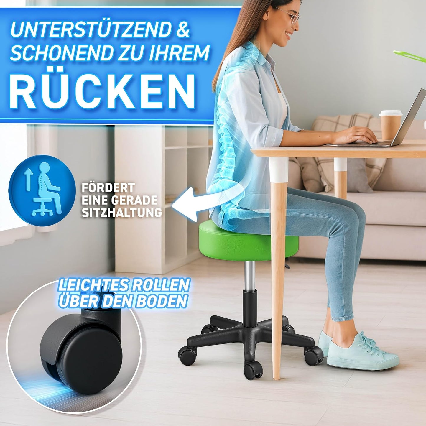 Höhenverstellbarer Rollhocker, Grün