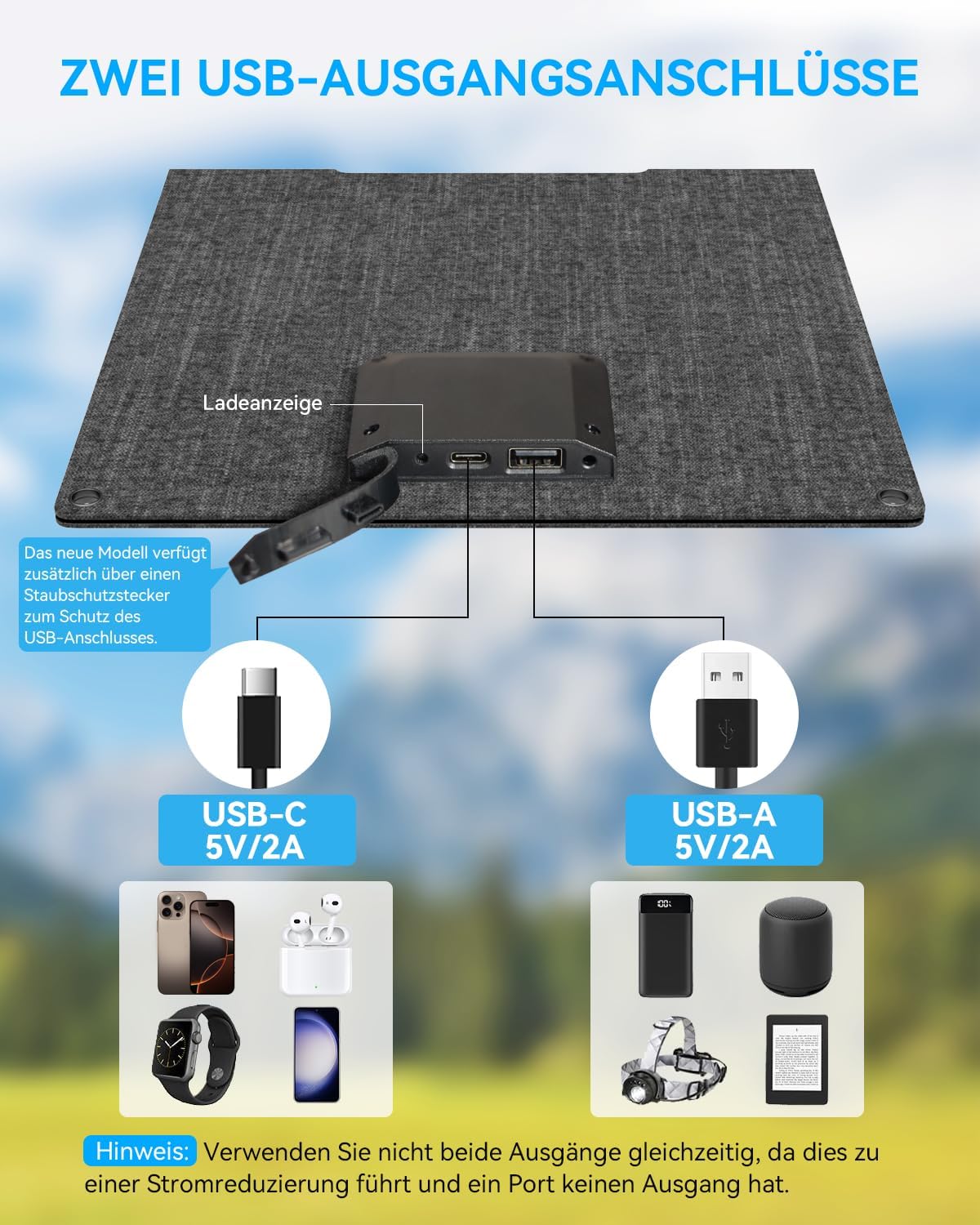 Faltbares Solarladegerät, wasserdicht, USB-A/C, 15W