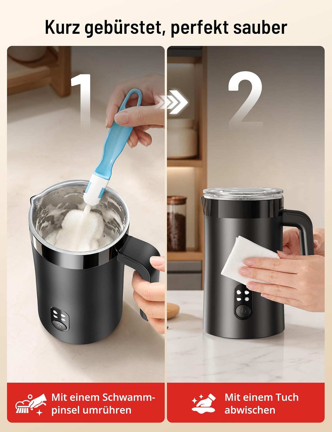 4-in-1 Elektrischer Milchaufschäumer 400ml für Kaffeegetränke, Schwarz