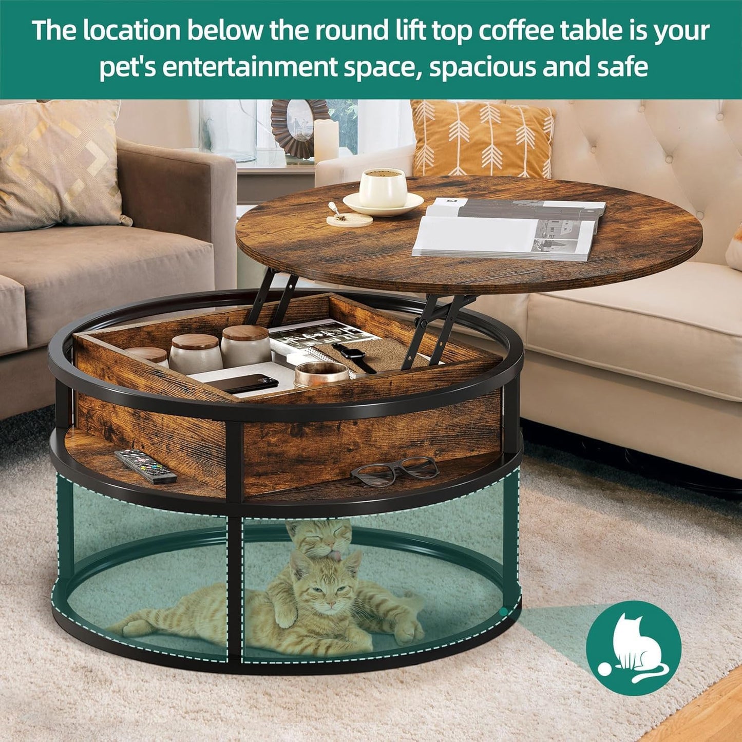 Runder Couchtisch mit Hebeplatte und Stauraum, 80X80X47CM, Braun