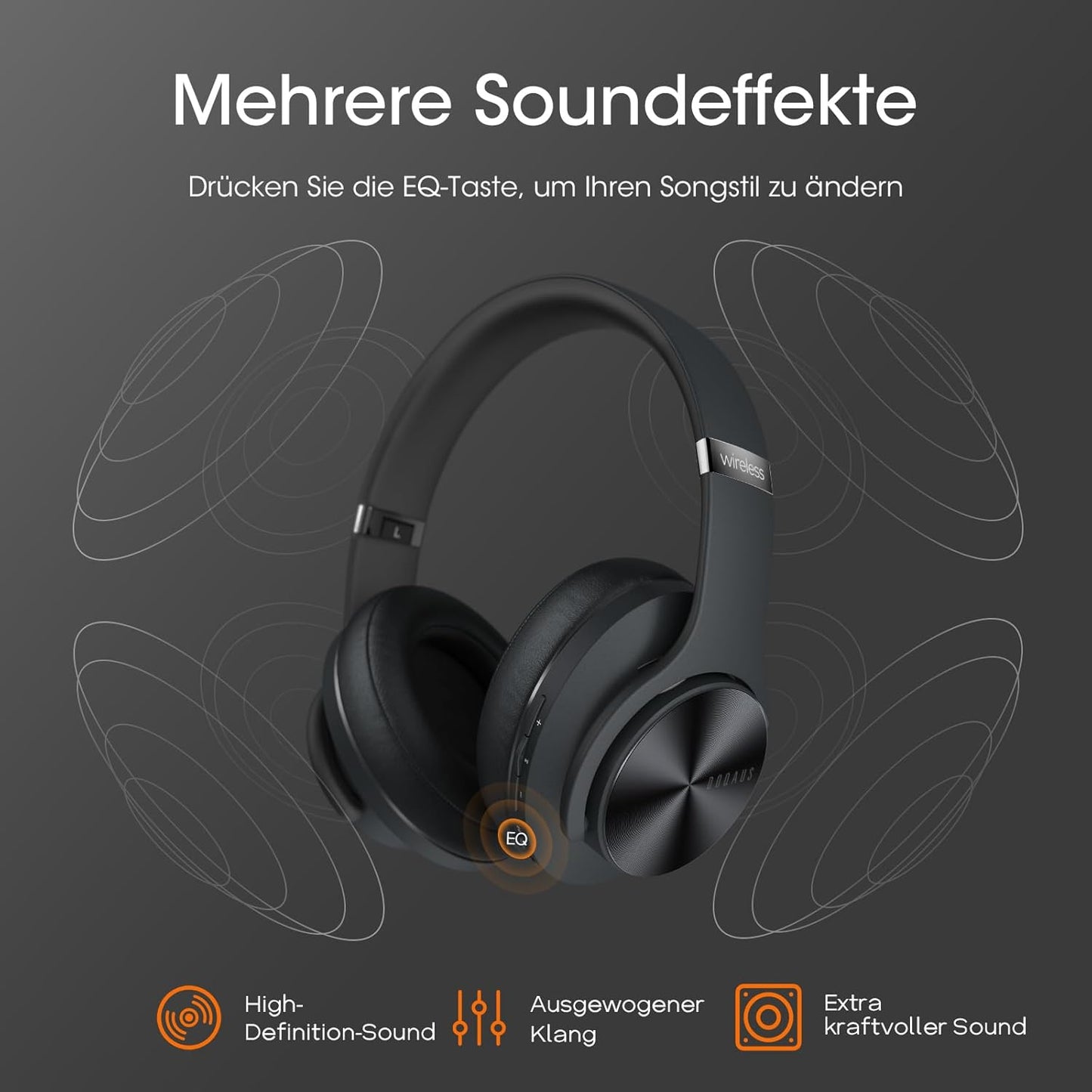 Bluetooth Over-Ear Kopfhörer mit 3 EQ-Modi, Schwarz