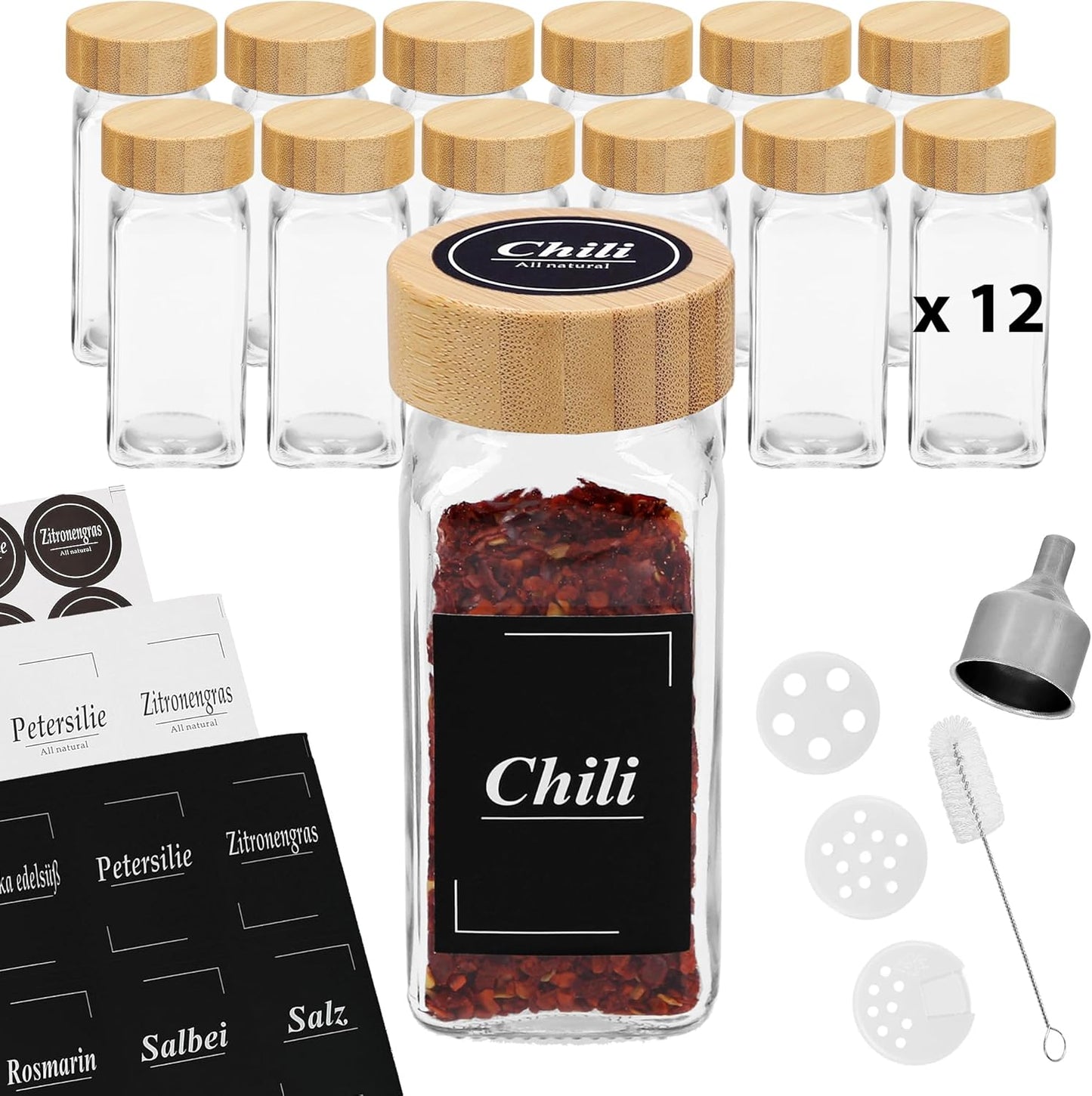 Gewürzgläser-Set mit Bambusdeckel, 12 x 120 ml