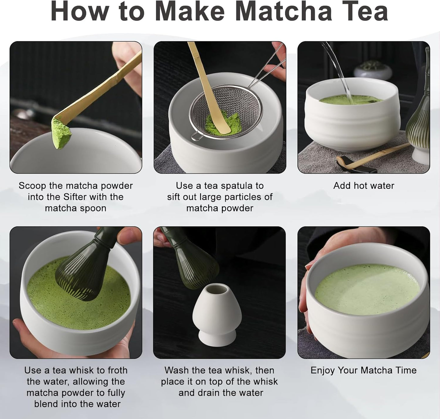 7-teiliges Matcha-Set, Flache Spitze, Mattweiß Kunststoff-Matcha-Besen, grün