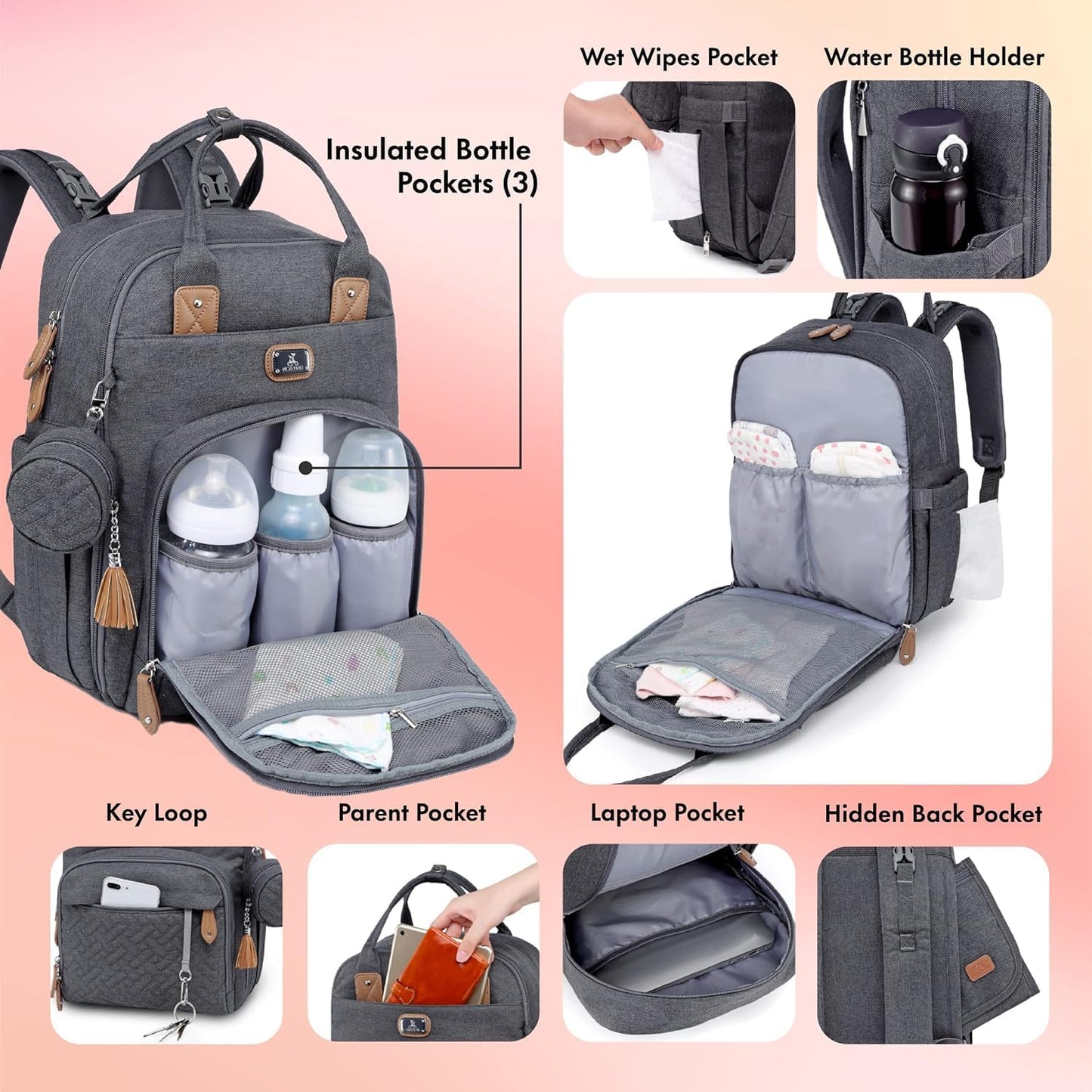Wickeltasche Rucksack mit Wickelauflage und Zubehör, Dunkelgrau