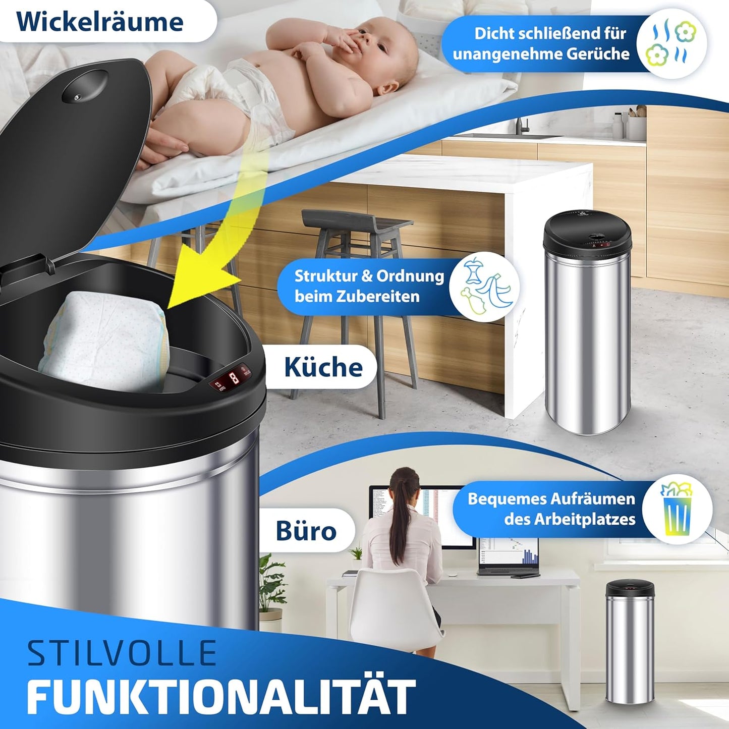 Sensor Abfalleimer mit Automatikfunktion, 40 Liter Silber