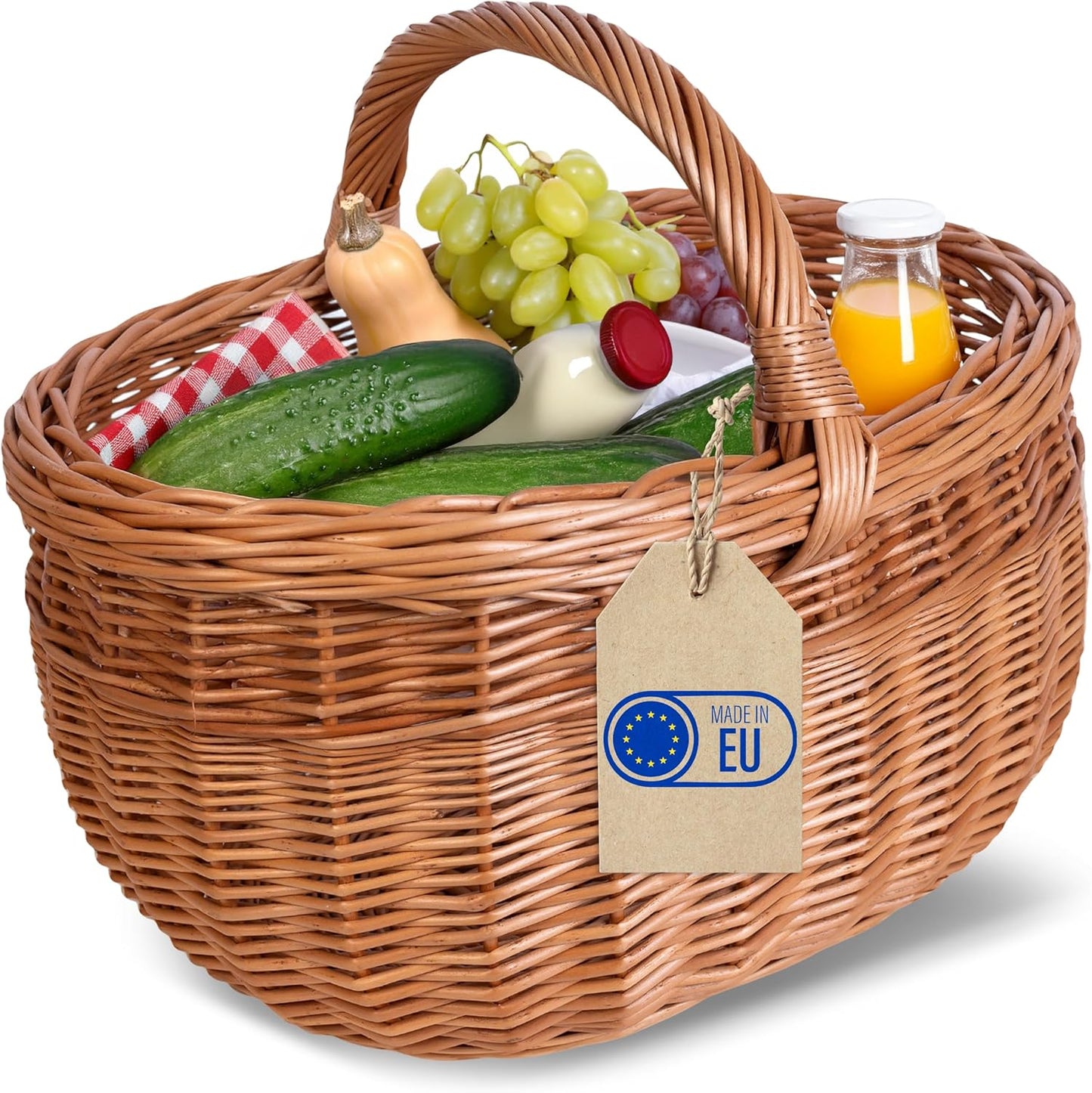 Grosser handgeflochtener Picknickkorb mit Henkel, 44 x 33 x 36 cm, Braun