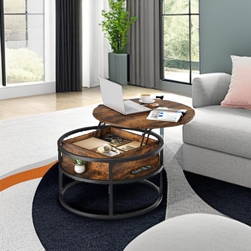 Runder Couchtisch mit Hebeplatte und Stauraum, 80X80X47CM, Braun