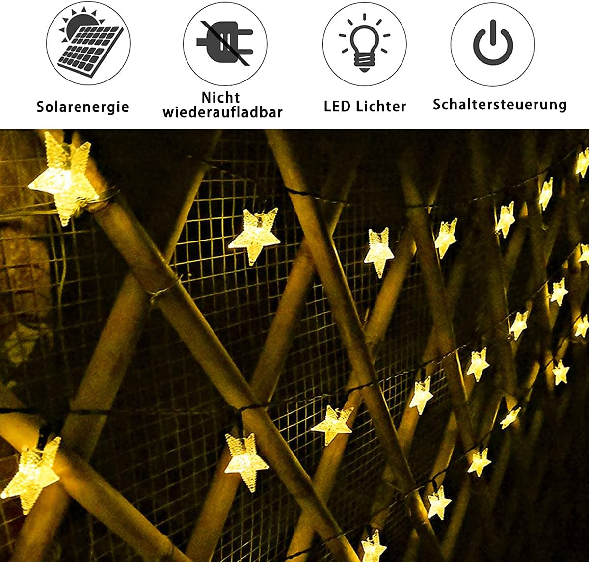 Solarlichterkette mit Sternen, 15m, wetterfest, Warmweiss (1,19 €/M)