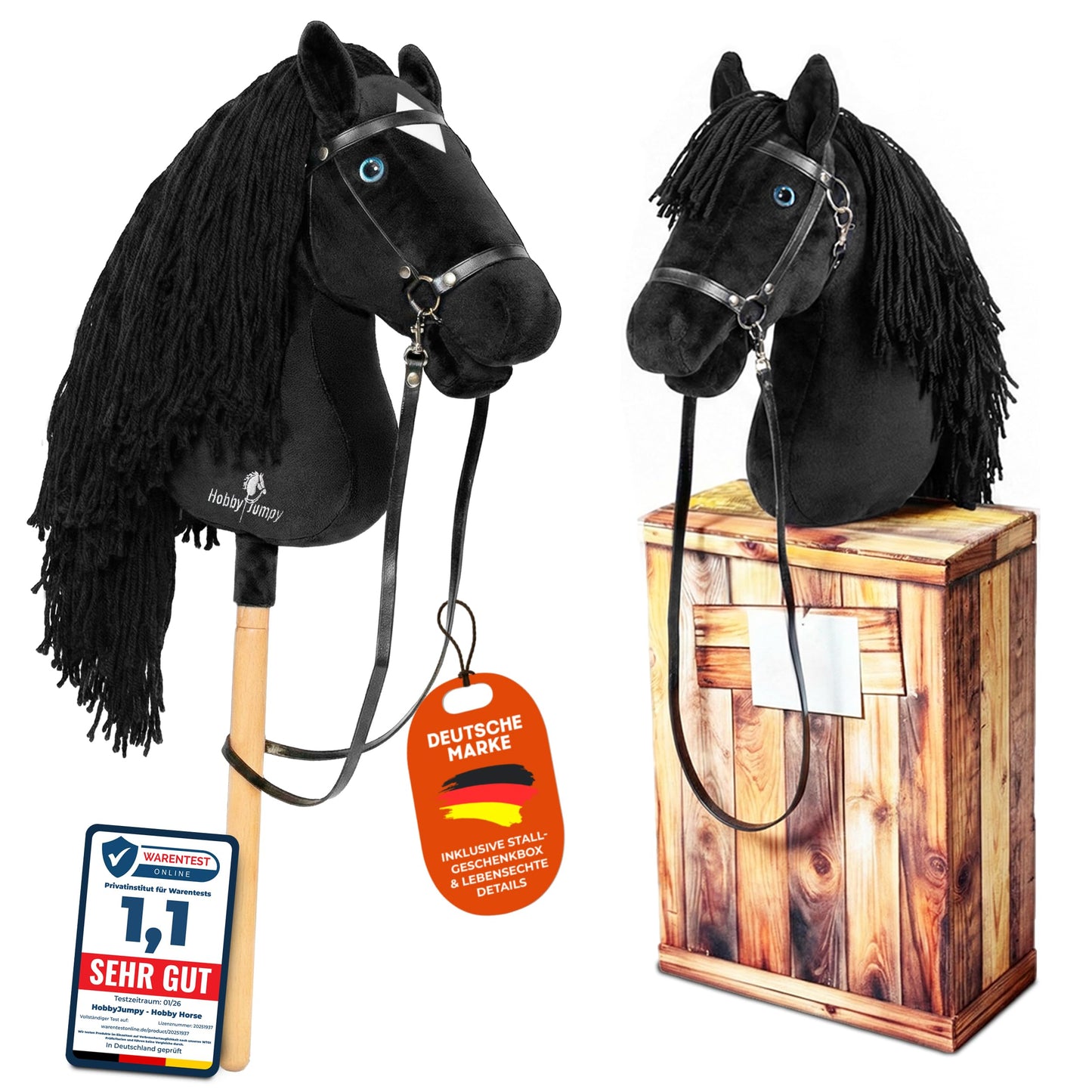 Blue SoulSteckenpferd mit realistischen Augen und Stall-Geschenkbox, Schwarz