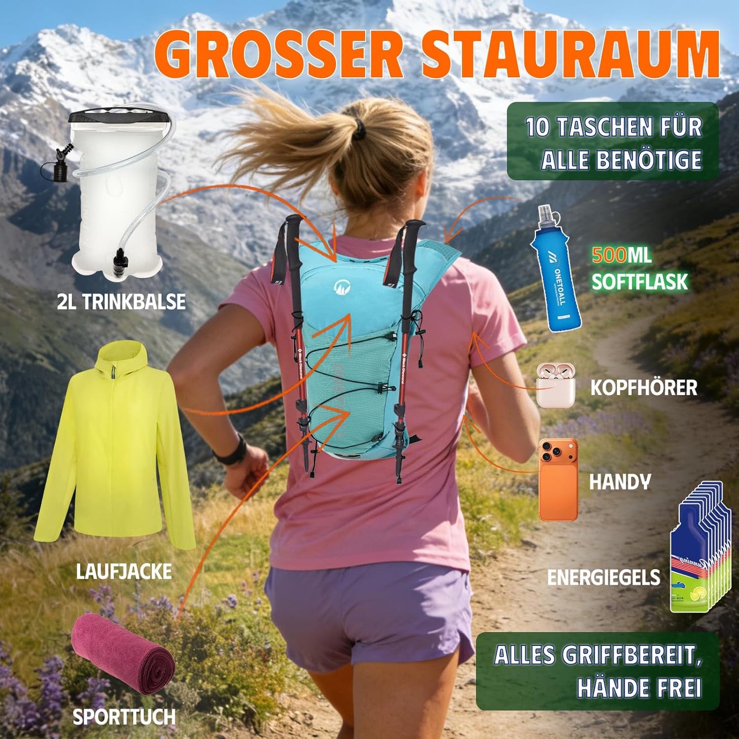 Trinkweste mit 2L Trinkblase & 500ml Flasche (6L), Blau mit eine 500ml Trinkflasche + eine 2L Trinkblase