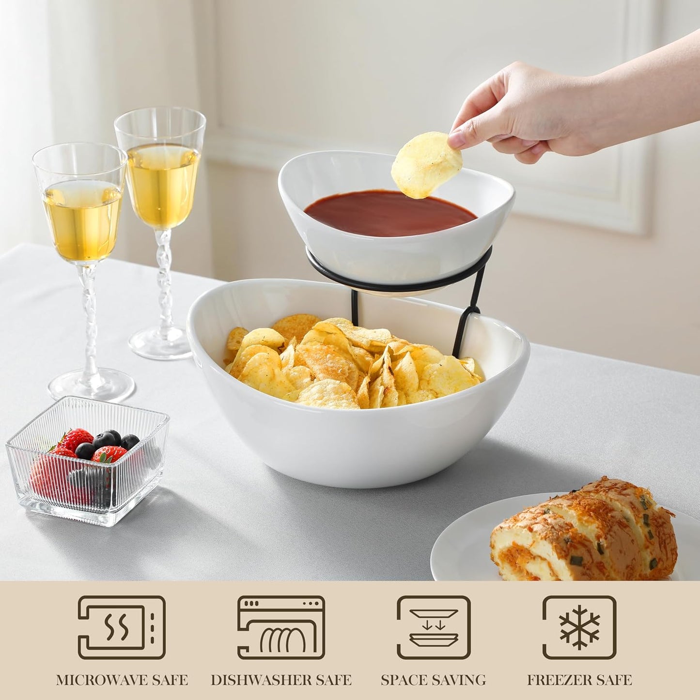 2er-Set Servierschalen mit Etagere, 600 ml/1800 ml Weiß