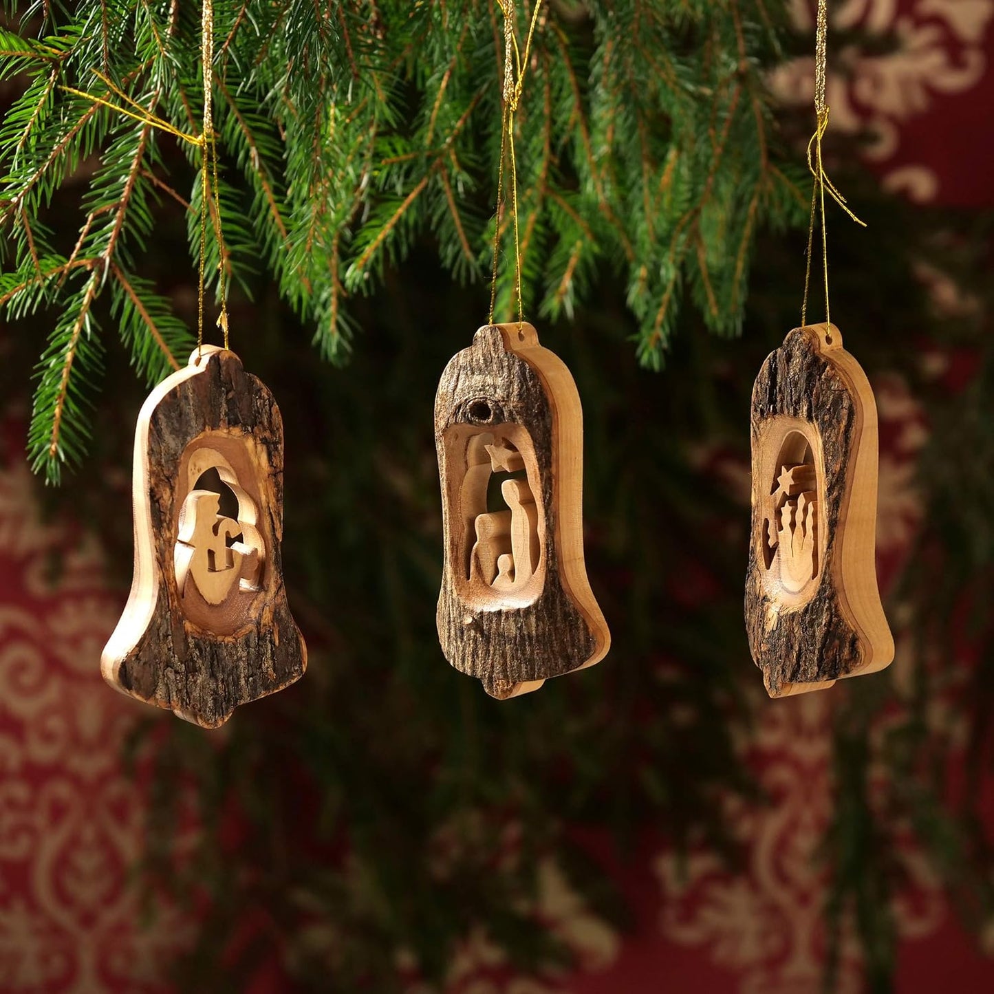 3-teiliges Baumschmuck-Set - Krippe, Glocke mit Rinde
