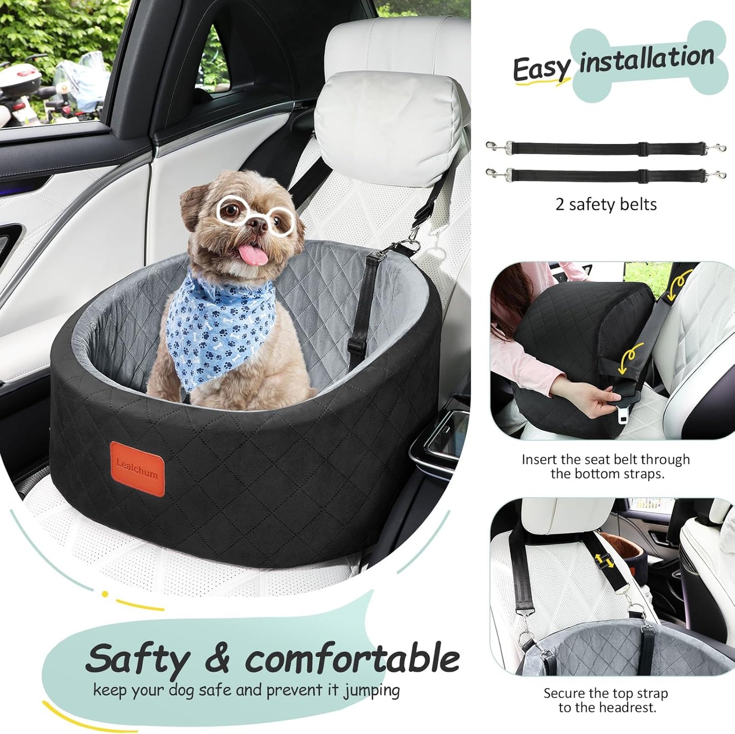 Hunde-Autositz mit Sicherheitsleine, Black/Grey Small