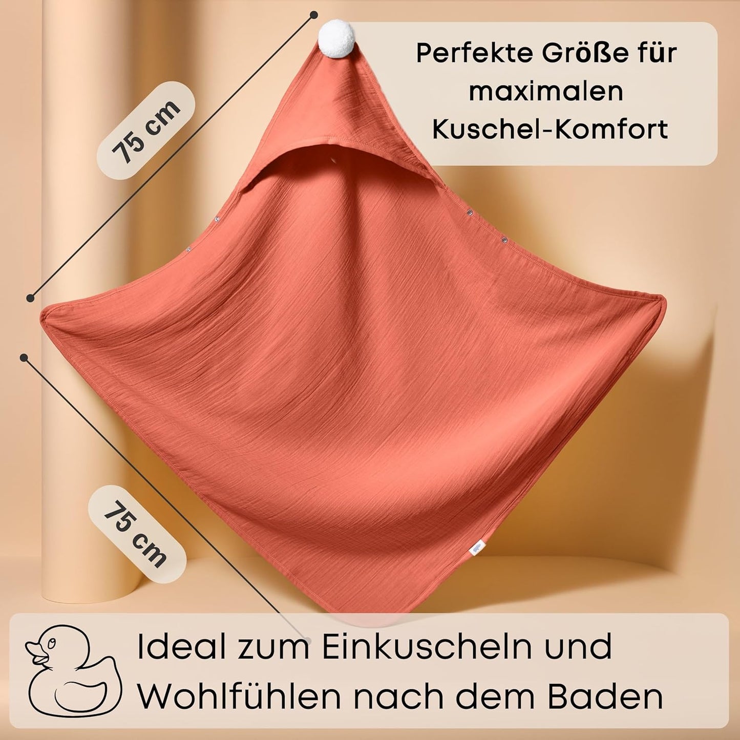 Baby Kapuzenhandtuch mit Anti-Rutsch-Knöpfen, 75x75 cm, Rot/Ausflug, Einfarbig (Getaway Solids)