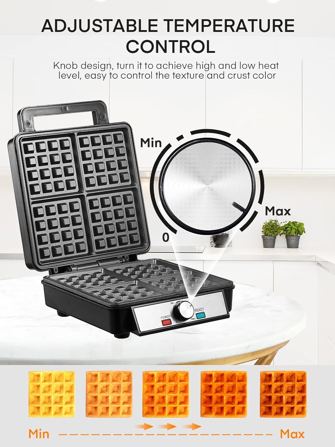 4-Scheiben Belgisches Waffeleisen mit Bräunungsregler, Schwarz