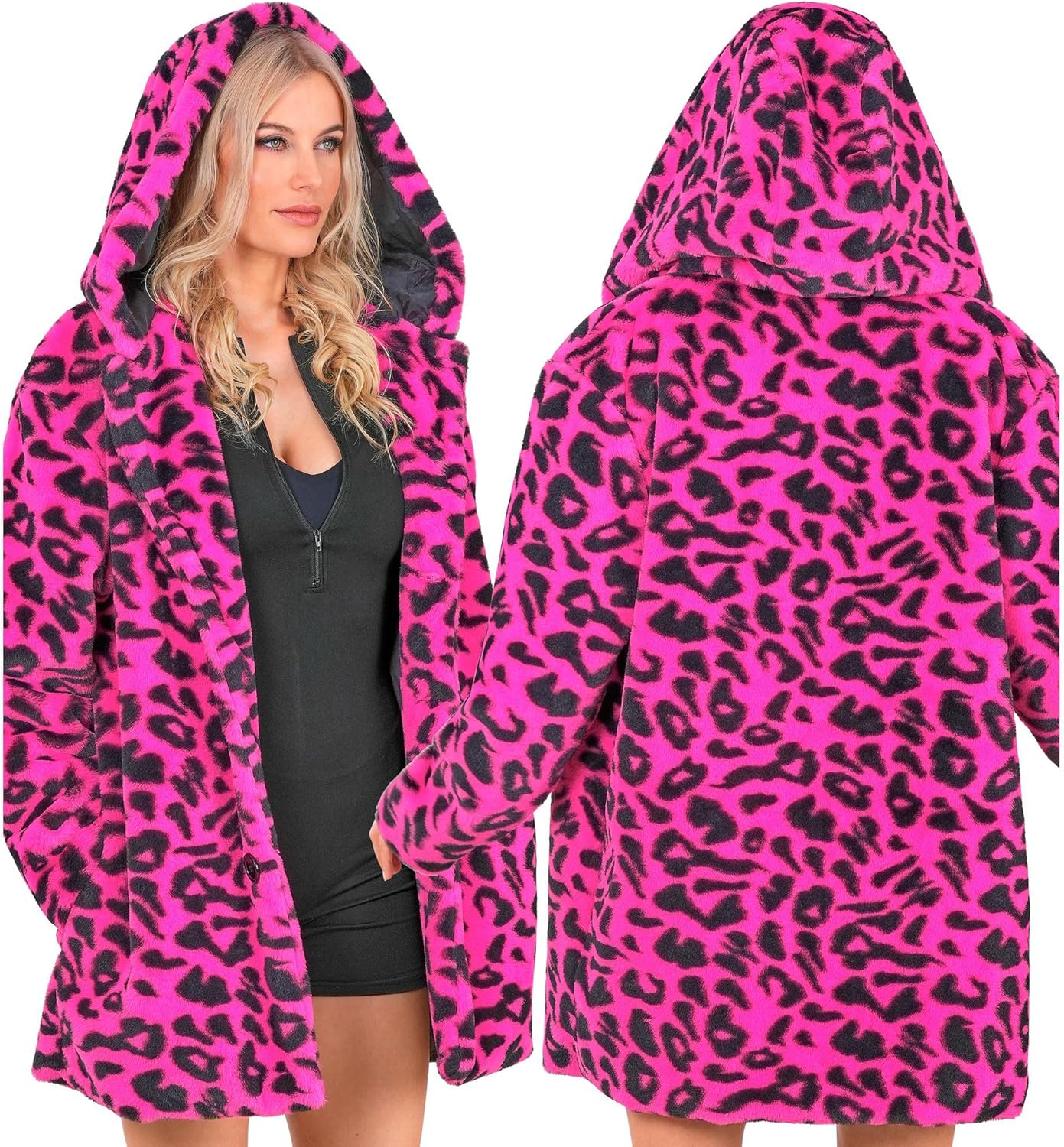 Neon Pinker Leopardenmuster Plüschmantel, XXL Neon-Pink