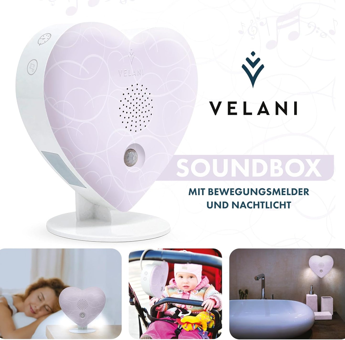 Naturgeräusche-Box mit Bewegungsmelder & Timer, Pastell-violett Herz