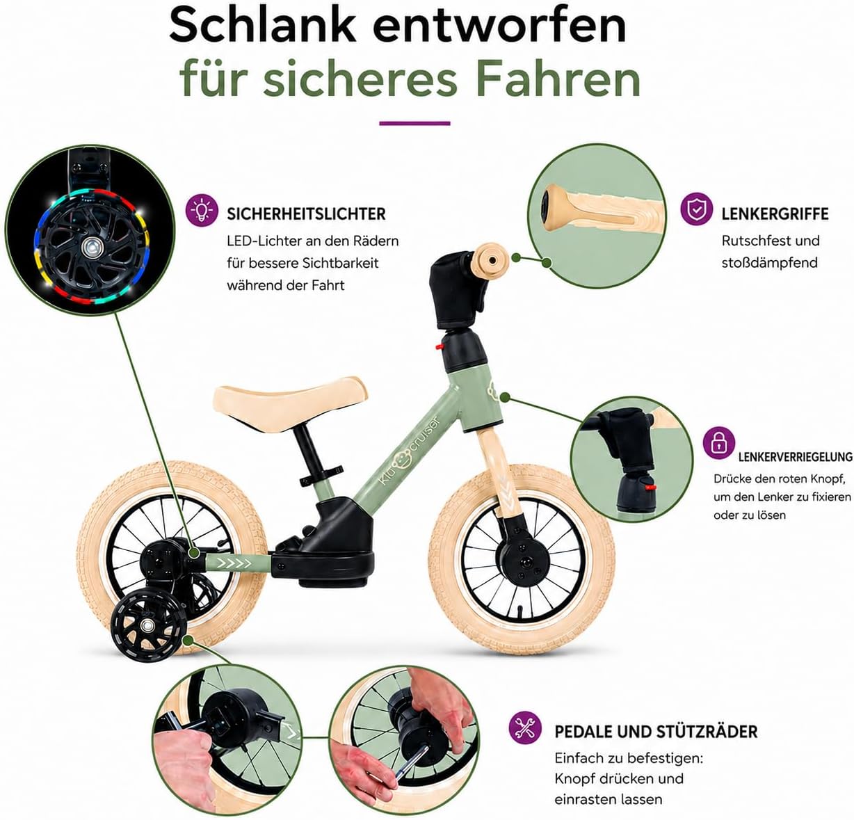 Pedalplay 3in1 Laufrad mit LED-Stützrädern & Pedalen, Sanftes Grün & Cremeweiss
