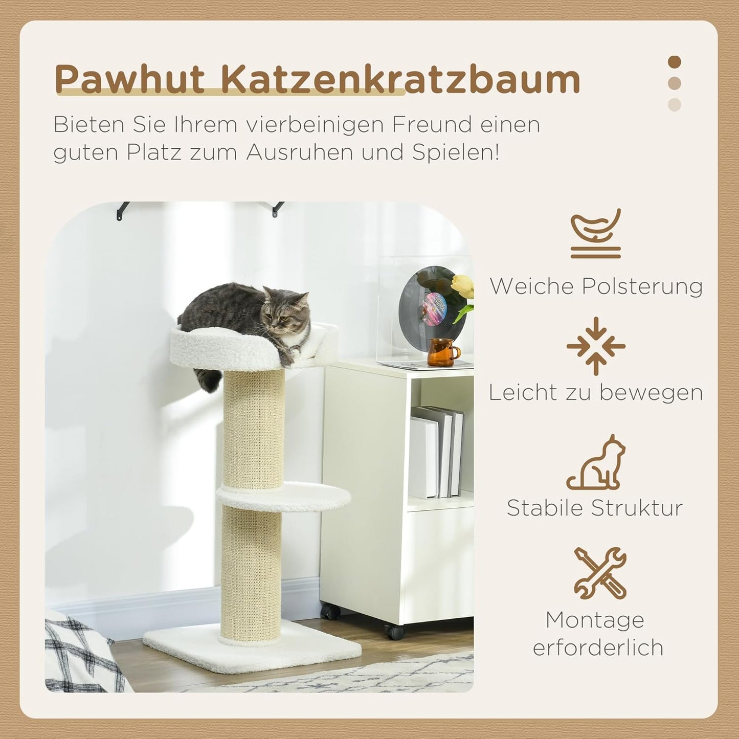 Mehrstöckiger Katzenturm mit Sisalstämmen und Kissen, Cremeweiss
