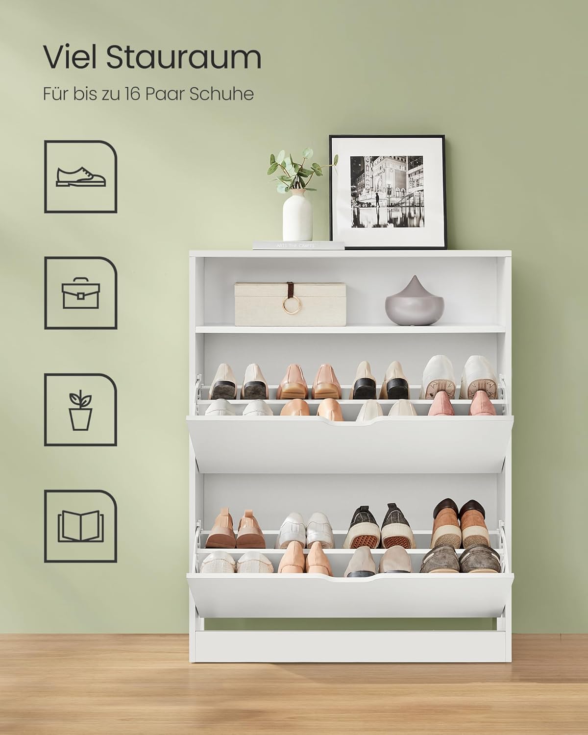 Schuhschrank mit 2 Klappen, Wolkenweiss 3 Tier (24 x 80 x 102 cm)