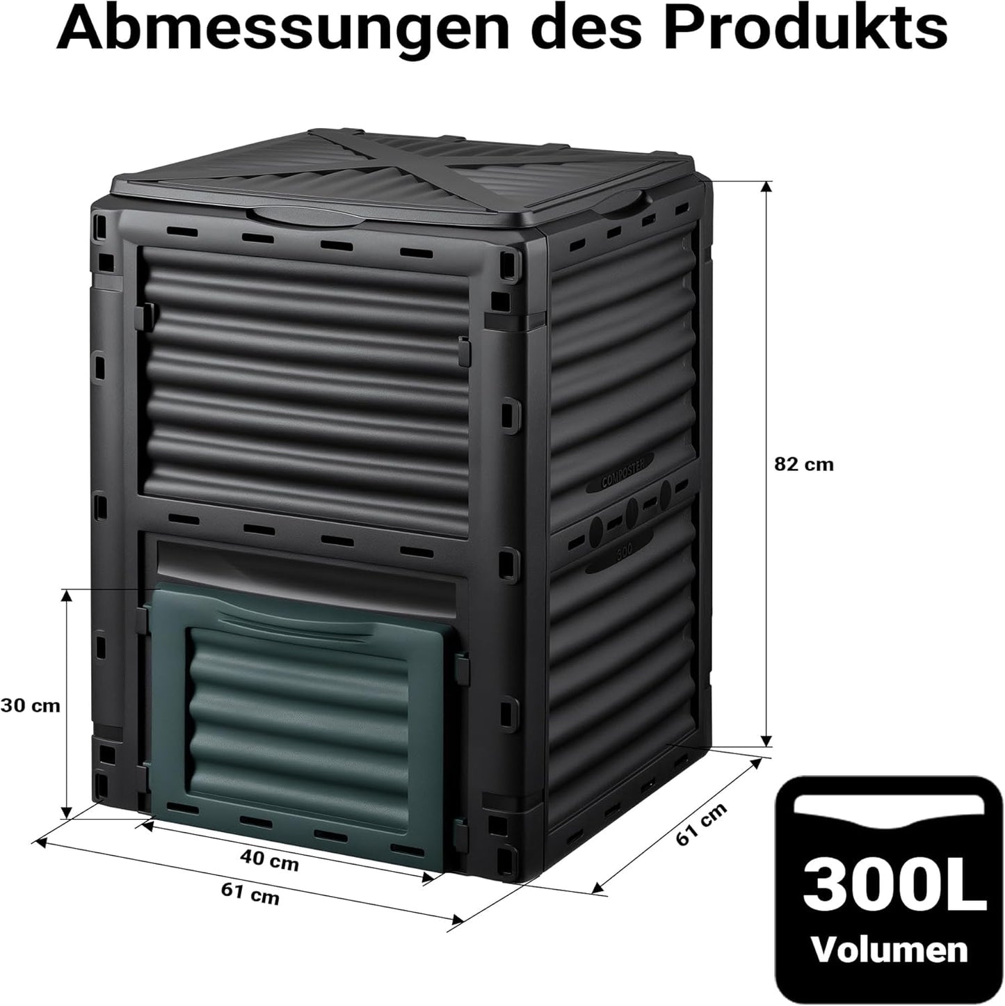 Gartenkomposter 300L mit Bodenklappe, Kunststoff 61x61x82 cm
