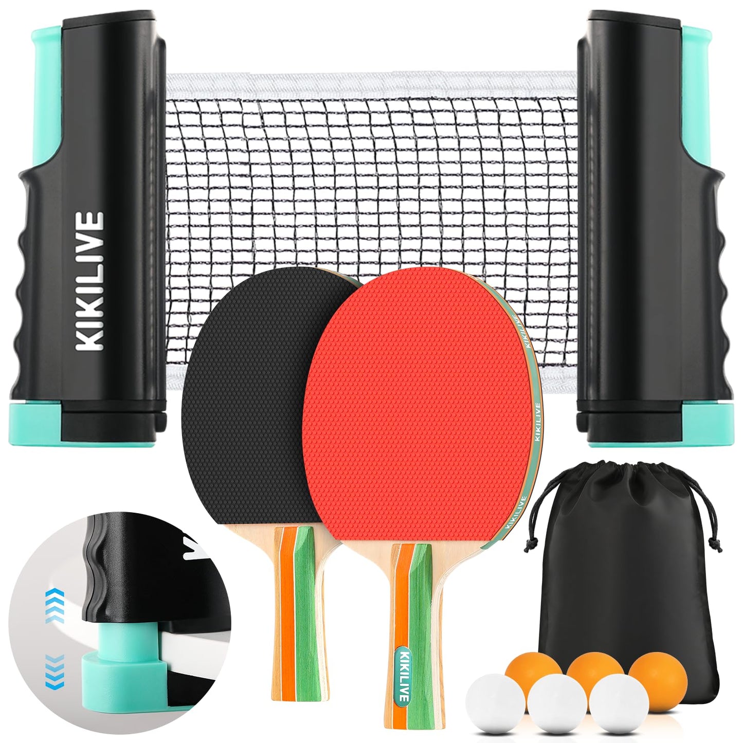 Tischtennis-Set mit ausziehbarem Netz & Tragetasche, Schwarz+Rot