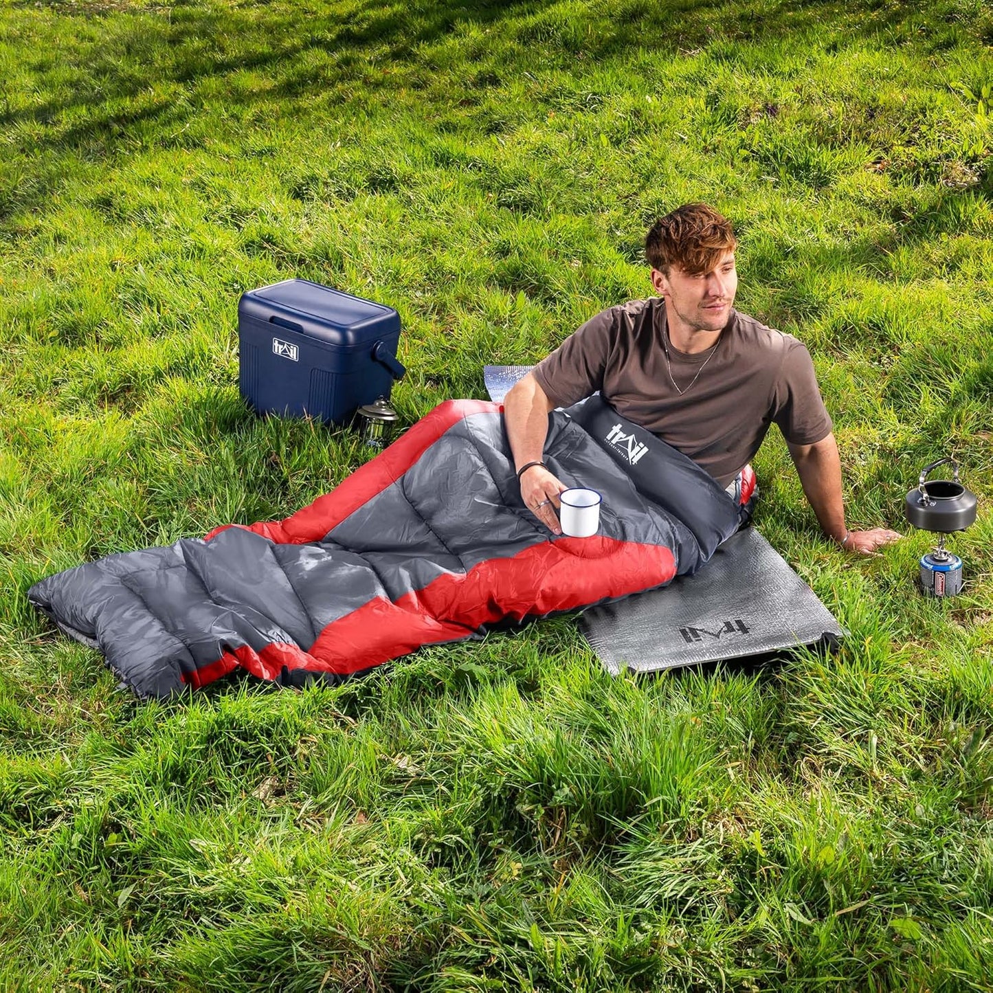 Trail-Alpin-Schlafsack mit Kapuze und Kompressionssack, Rot - 3 Jahreszeiten