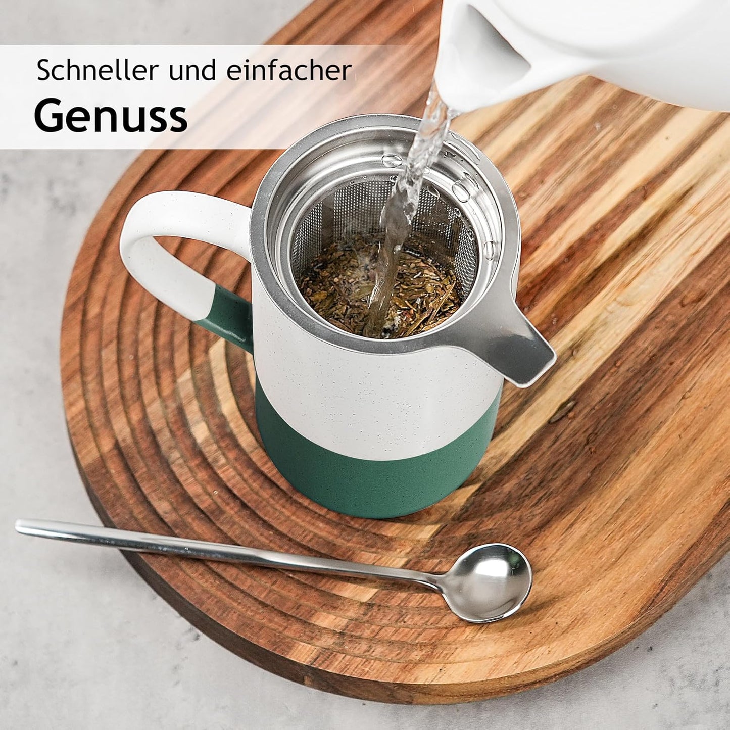 2er-Set Tee-Tassen mit Sieb und Löffel, Dunkelgrün