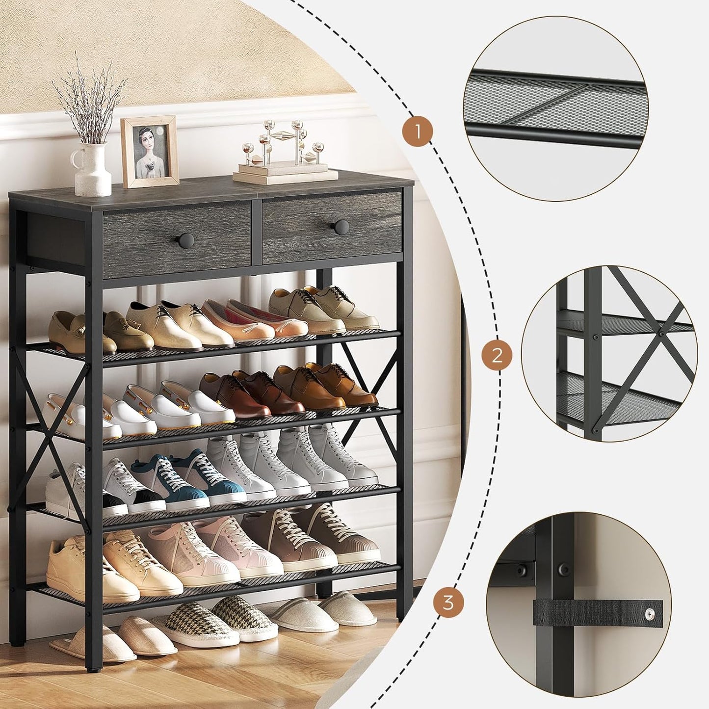 Schuhregal mit 5 Ebenen und 2 Stoffschubladen, 70,5 x 27,5 x 96 cm Anthrazitgrau + Schwarz