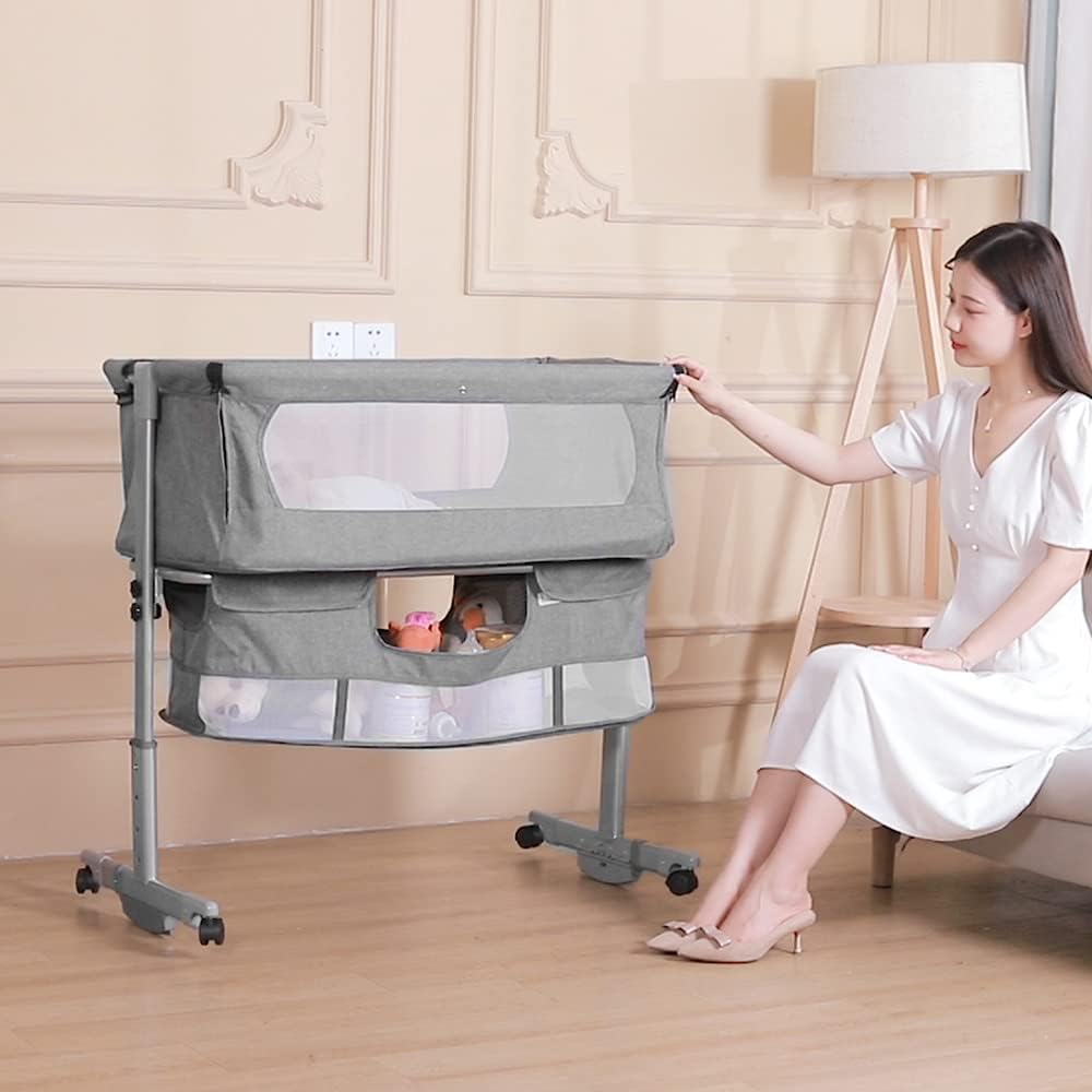 Babybett mit Moskitonetz und Wiegefunktion, 92*58*70-90 Cm(gris Foncé)